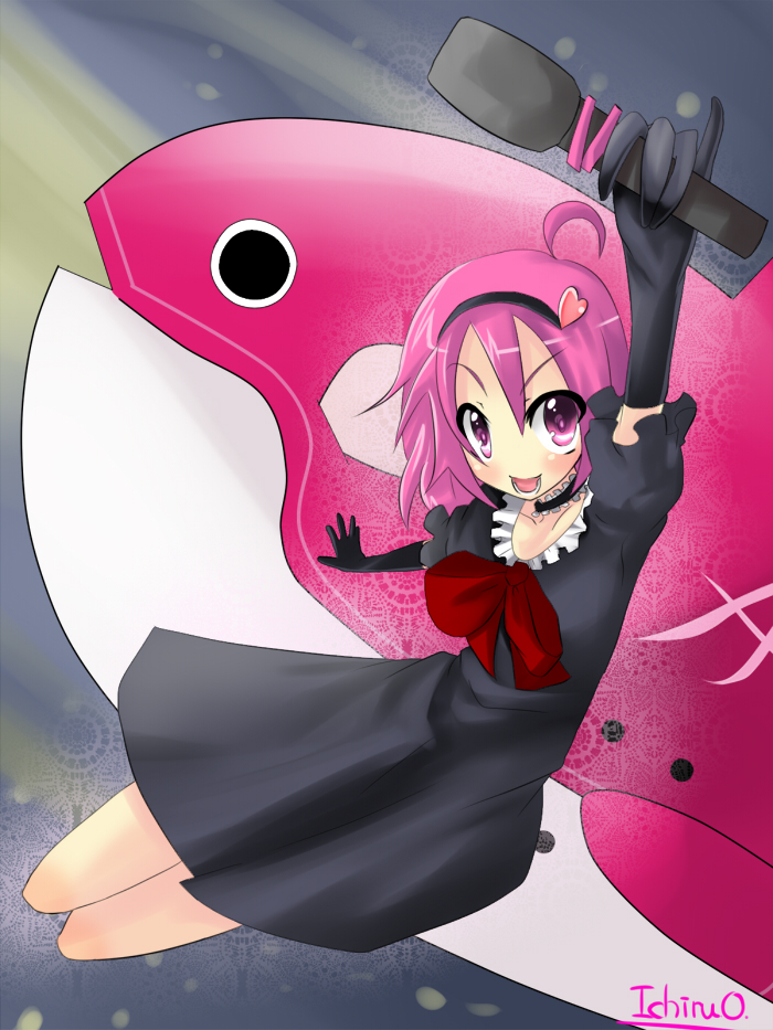 ohtsuki ichiru, ootsuki ichiru, miko+resurrection, albatrosicks, bad id, bad pixiv id, 1girl, choker, dress, female focus, microphone, pink eyes, pink hair, short hair, solo
