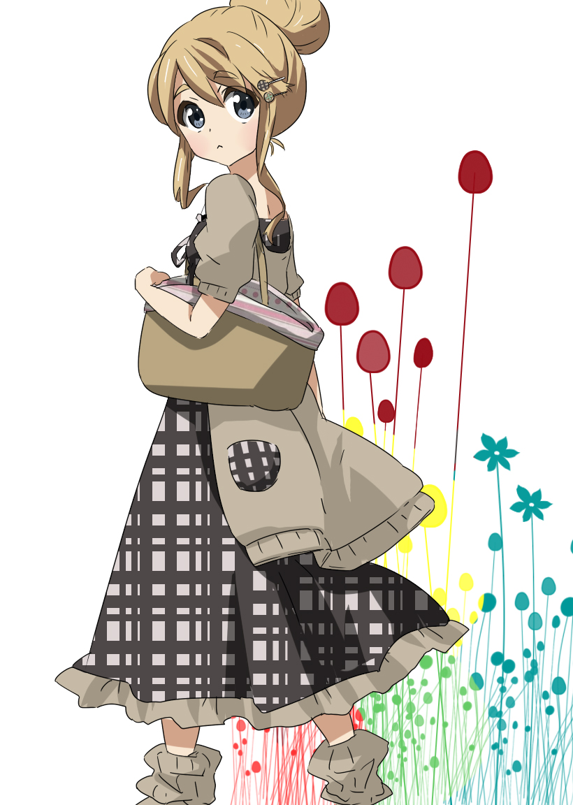 freckle, furekuru (freckle), kotobuki tsumugi, k-on!, bad id, bad pixiv id, 00s, 1girl, :<, bag, blonde hair, blue eyes, casual, dress, female focus, hair ornament, hairclip, hairpin, solo