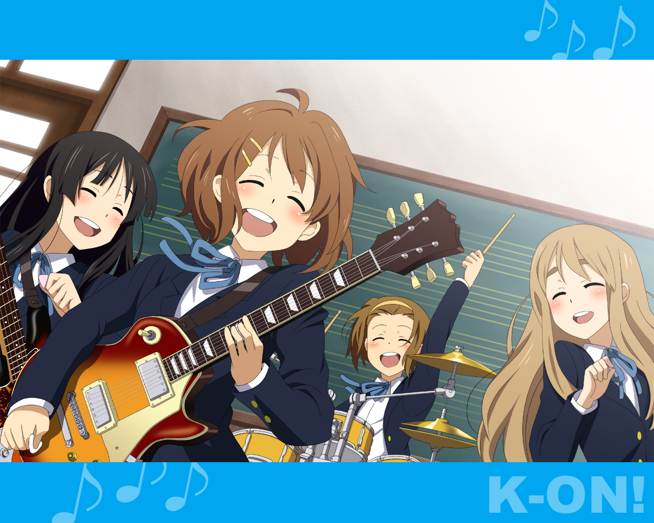 sumii (fumiki7), akiyama mio, hirasawa yui, kotobuki tsumugi, tainaka ritsu, k-on!, colorized, 00s, 4girls, band (music), bass guitar, black hair, blonde hair, brown hair, closed eyes, drum, drum set, electric guitar, fender jazz bass, gibson les paul, guitar, ho-kago tea time, instrument, long hair, multiple girls, music, playing instrument, school uniform, short hair, synthesizer