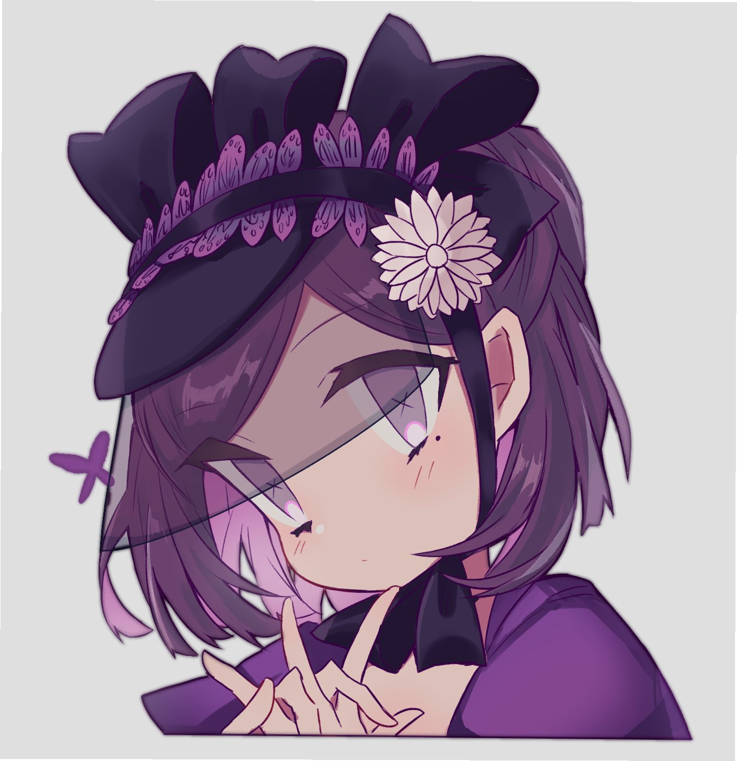 merry-san, vera nair, identity v, highres, 1girl, bob cut, bug, butterfly, cropped torso, cross-shaped pupils, flower, half up bun, hat, hat flower, head tilt, insect, looking at viewer, mole, mole under eye, own hands clasped, own hands together, portrait, puffy sleeves, purple butterfly, purple eyes, purple hair, solo, symbol-shaped pupils, veil over eyes, white background, white flower