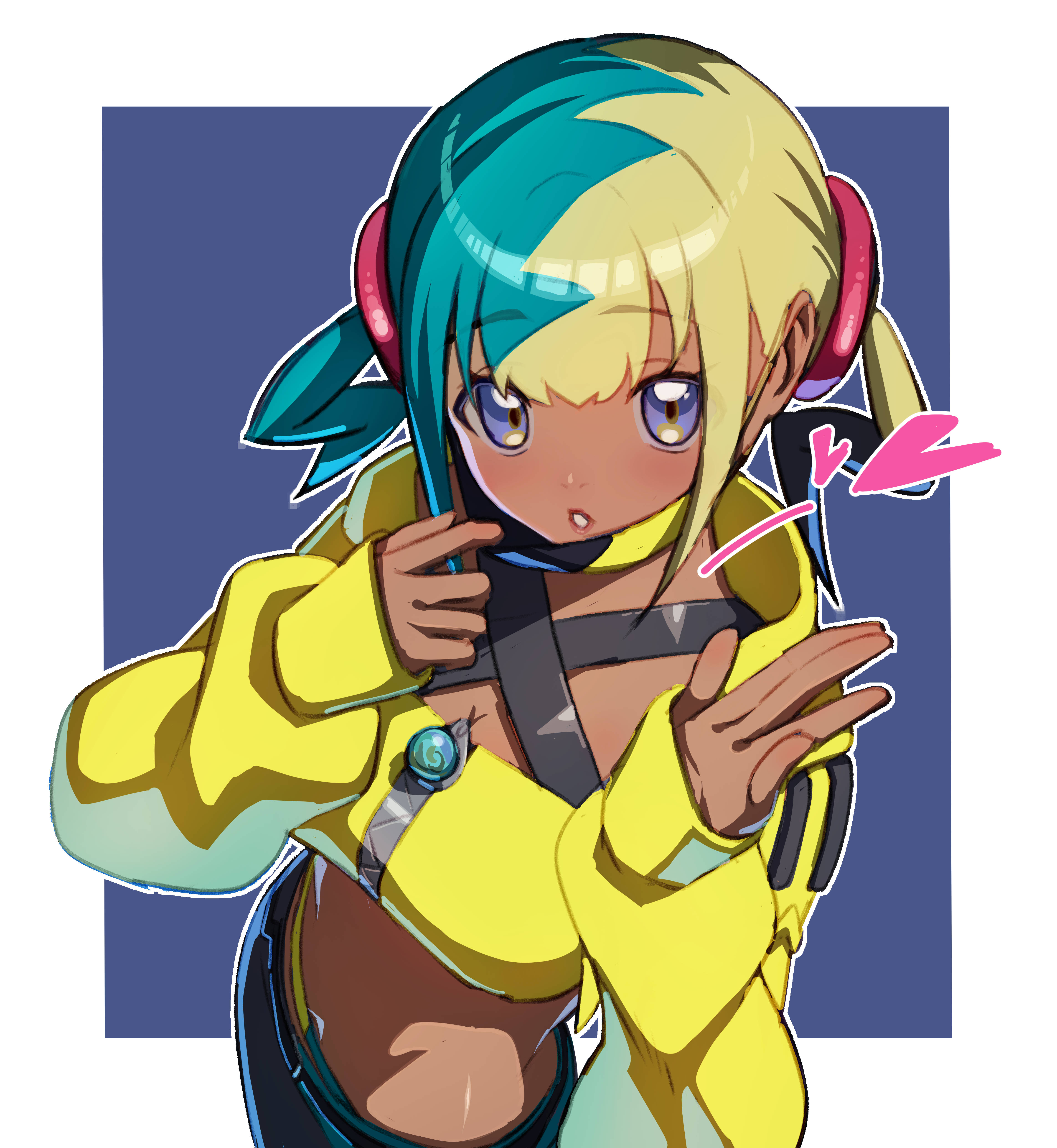 yanagino (yanagino3), canari (pokemon), nintendo, pokemon, pokemon legends: z-a, absurdres, commentary request, highres, 1girl, aqua hair, bandeau, black hair, blonde hair, blue background, blue eyes, dark-skinned female, dark skin, jacket, looking at viewer, mask, mask pull, midriff, mouth mask, multicolored hair, navel, solo, two-tone background, white background, yellow bandeau, yellow jacket