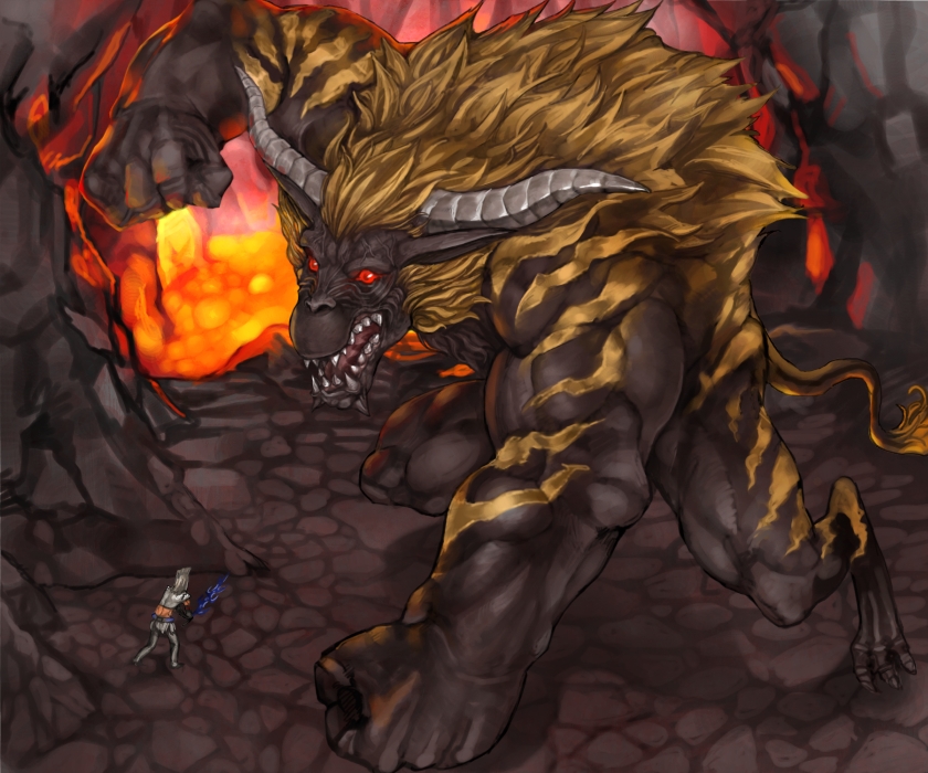touge (kubiwa tsuki), rajang, capcom, monster hunter (series), bad id, bad pixiv id, armor, horns, knight, landscape, lava, monster, red eyes, sword, weapon