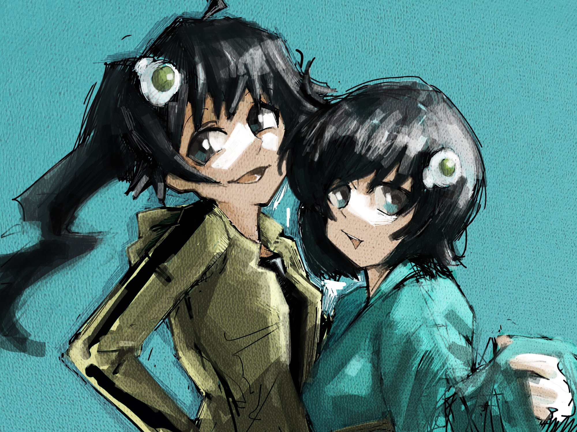 araragi karen, araragi tsukihi, bakemonogatari, monogatari (series), highres, 2girls, ahoge, aqua background, aqua eyes, aqua kimono, black hair, food-themed hair ornament, hair ornament, jacket, japanese clothes, kakuyasu, kimono, looking at viewer, looking to the side, multiple girls, obi, open mouth, sash, short hair, siblings, side ponytail, sisters, smile, track jacket, yellow jacket