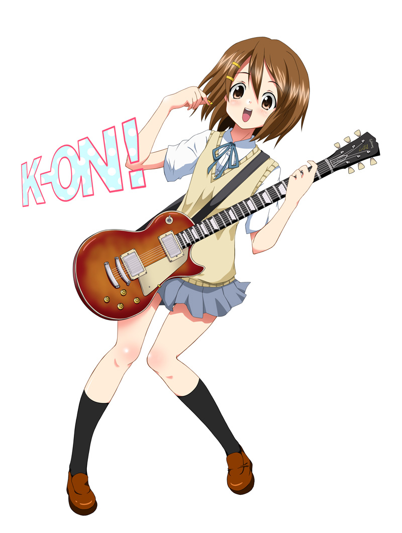 garuma, hirasawa yui, k-on!, bad id, bad pixiv id, 00s, 1girl, brown eyes, brown hair, female focus, gibson les paul, guitar, instrument, open mouth, school uniform, short hair, smile, solo
