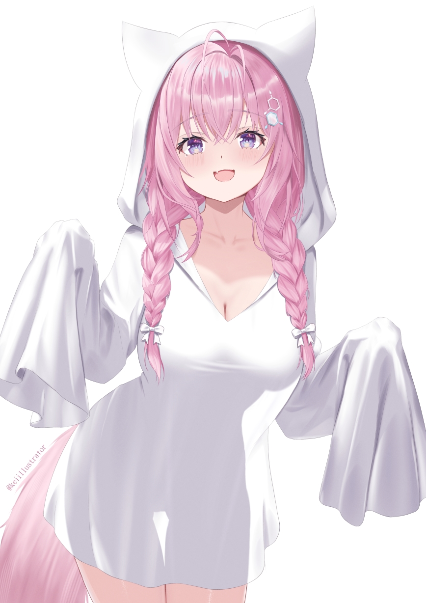 kei (keiillustrator), hakui koyori, hololive, commentary request, highres, 1girl, :d, alternate costume, animal ear hood, antenna hair, braid, breasts, cleavage, crossed bangs, double-parted bangs, dress, fake animal ears, fang, ghost costume, hair between eyes, hair over shoulder, hexagon hair ornament, hood, hood up, large breasts, long hair, looking at viewer, low twin braids, open mouth, see-through silhouette, short dress, simple background, skin fang, sleeves past fingers, sleeves past wrists, smile, solo, tail, thigh gap, twin braids, white background, white dress, wolf girl, wolf tail