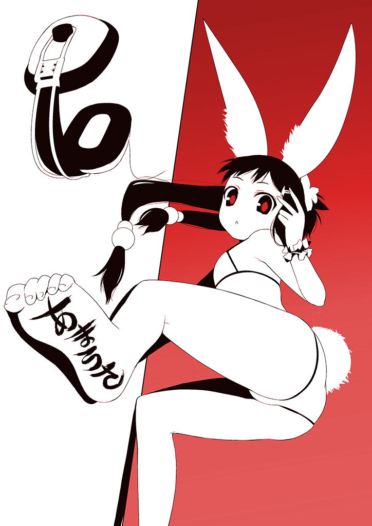 u (the unko), tamausagi, amausa, 1girl, :o, all fours, animal ears, ass, barefoot, bent over, bikini, feet, female focus, flat chest, foot focus, foreshortening, headphones, long hair, monochrome, rabbit ears, rabbit tail, red background, red eyes, red theme, soles, solo, spot color, swimsuit, tail