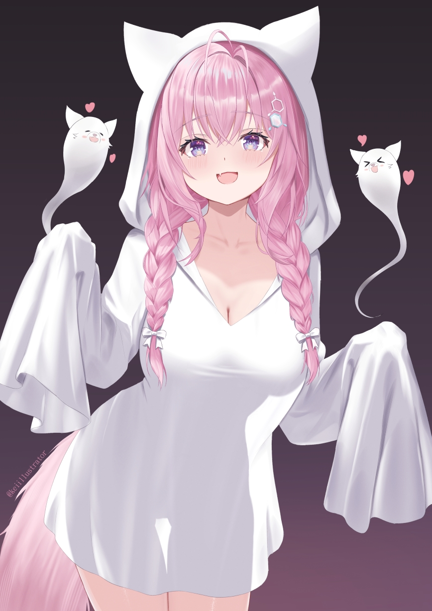 kei (keiillustrator), hakui koyori, kokoro (hakui koyori), hololive, commentary request, highres, 1girl, :d, alternate costume, animal ear hood, antenna hair, braid, breasts, cleavage, crossed bangs, double-parted bangs, dress, fake animal ears, fang, ghost, ghost costume, gradient background, hair between eyes, hair over shoulder, hexagon hair ornament, hood, hood up, large breasts, long hair, looking at viewer, low twin braids, open mouth, purple background, see-through silhouette, short dress, simple background, skin fang, sleeves past fingers, sleeves past wrists, smile, solo, tail, thigh gap, twin braids, white dress, wolf girl, wolf tail