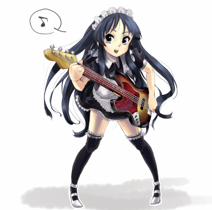 bt (shio oninko), buri, akiyama mio, k-on!, bad id, bad pixiv id, 00s, 1girl, alternate costume, bass guitar, black eyes, black hair, enmaided, female focus, frilled thighhighs, frills, full body, guitar, instrument, long hair, maid, maid headdress, musical note, solo, thighhighs