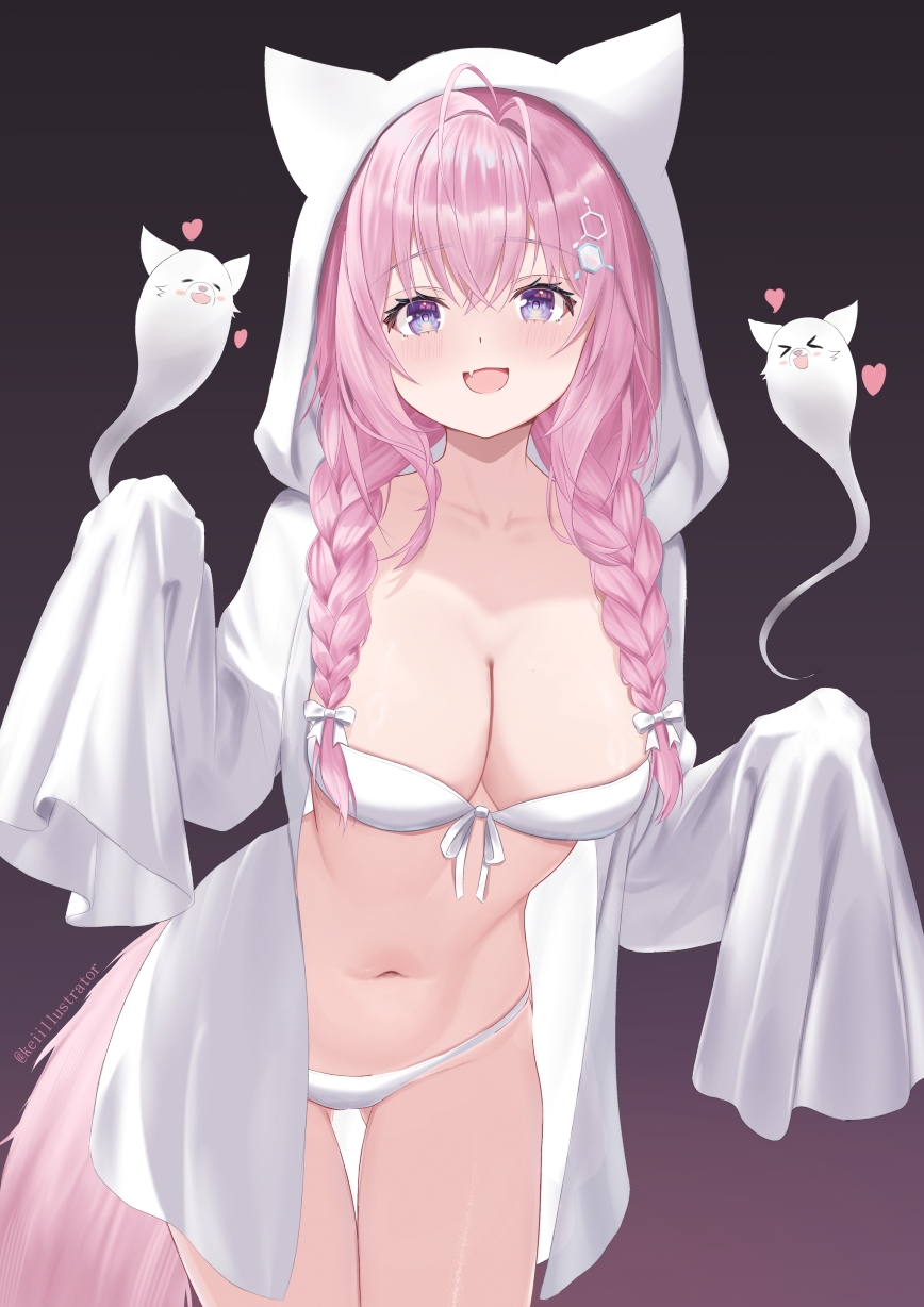 kei (keiillustrator), hakui koyori, kokoro (hakui koyori), hololive, commentary request, highres, 1girl, :d, alternate costume, animal ear hood, antenna hair, bra, braid, breasts, cleavage, crossed bangs, double-parted bangs, dress, fake animal ears, fang, ghost, ghost costume, gluteal fold, gradient background, hair between eyes, hair over shoulder, hexagon hair ornament, hood, hood up, hooded jacket, jacket, large breasts, long hair, looking at viewer, low twin braids, navel, open mouth, panties, purple background, skin fang, sleeves past fingers, sleeves past wrists, smile, solo, stomach, tail, thigh gap, twin braids, underwear, white bra, white dress, white jacket, white panties, wolf girl, wolf tail