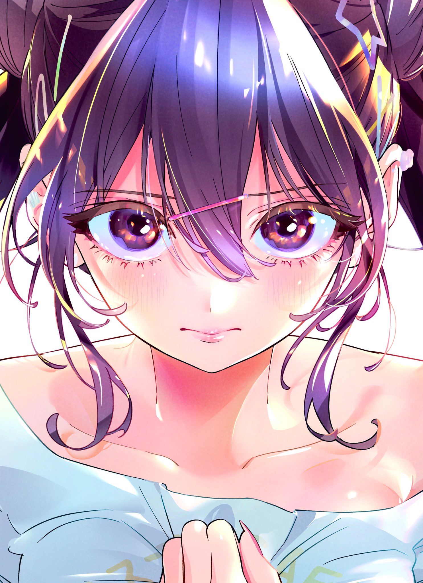 kabaya yumiko, miyamoto niina, kakunaru ue wa, commentary request, highres, 1girl, blush, closed mouth, collarbone, double-parted bangs, hair between eyes, hair ornament, hairclip, looking at viewer, off-shoulder shirt, off shoulder, pink lips, portrait, purple eyes, purple hair, shirt, sidelocks, solo, straight-on, twintails, white shirt