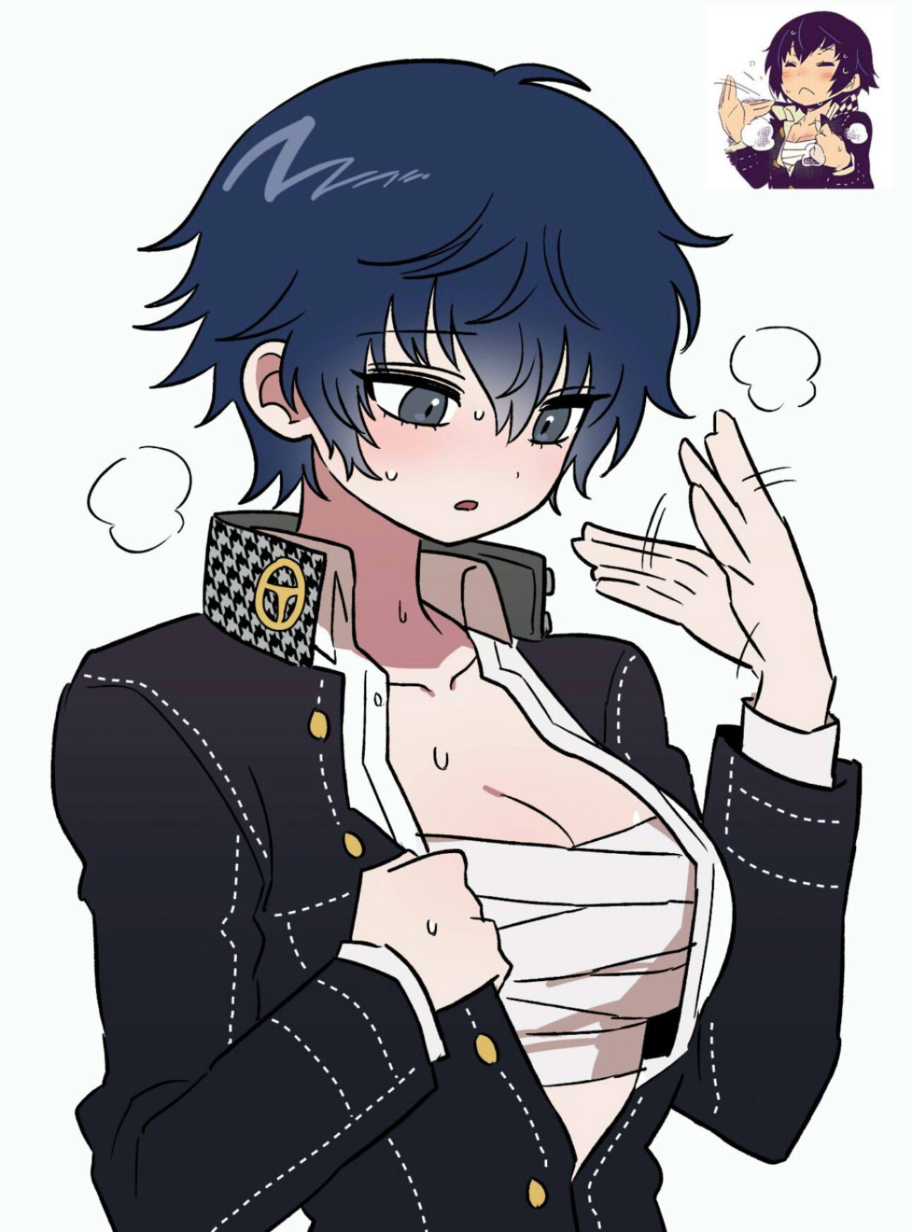 shiryoku kensa, shirogane naoto, persona, persona 4, commentary, highres, 1girl, afterimage, black jacket, blue hair, blush, breasts, chest sarashi, cleavage, collarbone, collared shirt, crossdressing, crossdressing (ftm), fanning self, grey eyes, hair between eyes, houndstooth, jacket, large breasts, no headwear, parted lips, partially unbuttoned, reference inset, reverse trap, sarashi, school uniform, shirt, short hair, sidelocks, simple background, solo, standing, sweat, tomboy, upper body, white background, white shirt, yasogami school uniform