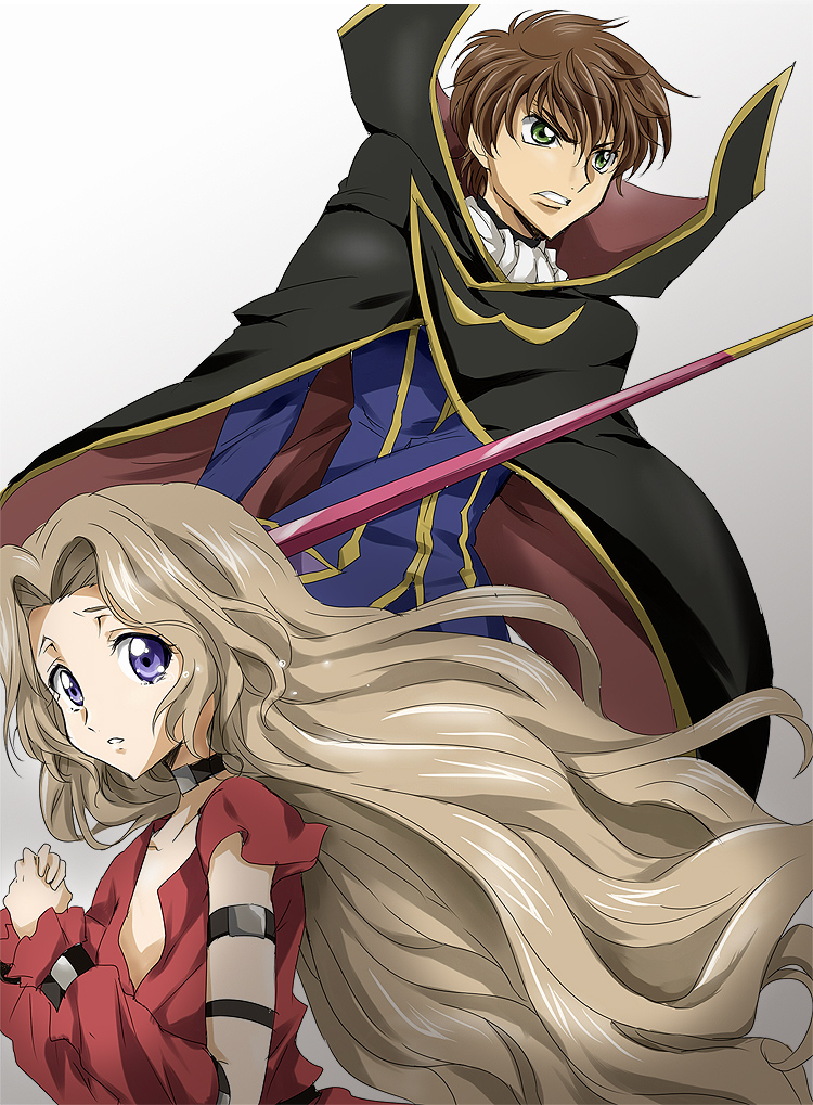 maruki (punchiki), kururugi suzaku, nunnally vi britannia, zero (code geass), code geass, bad id, bad pixiv id, spoilers, 00s, brown hair, cape, green eyes, long hair, purple eyes, sword, weapon