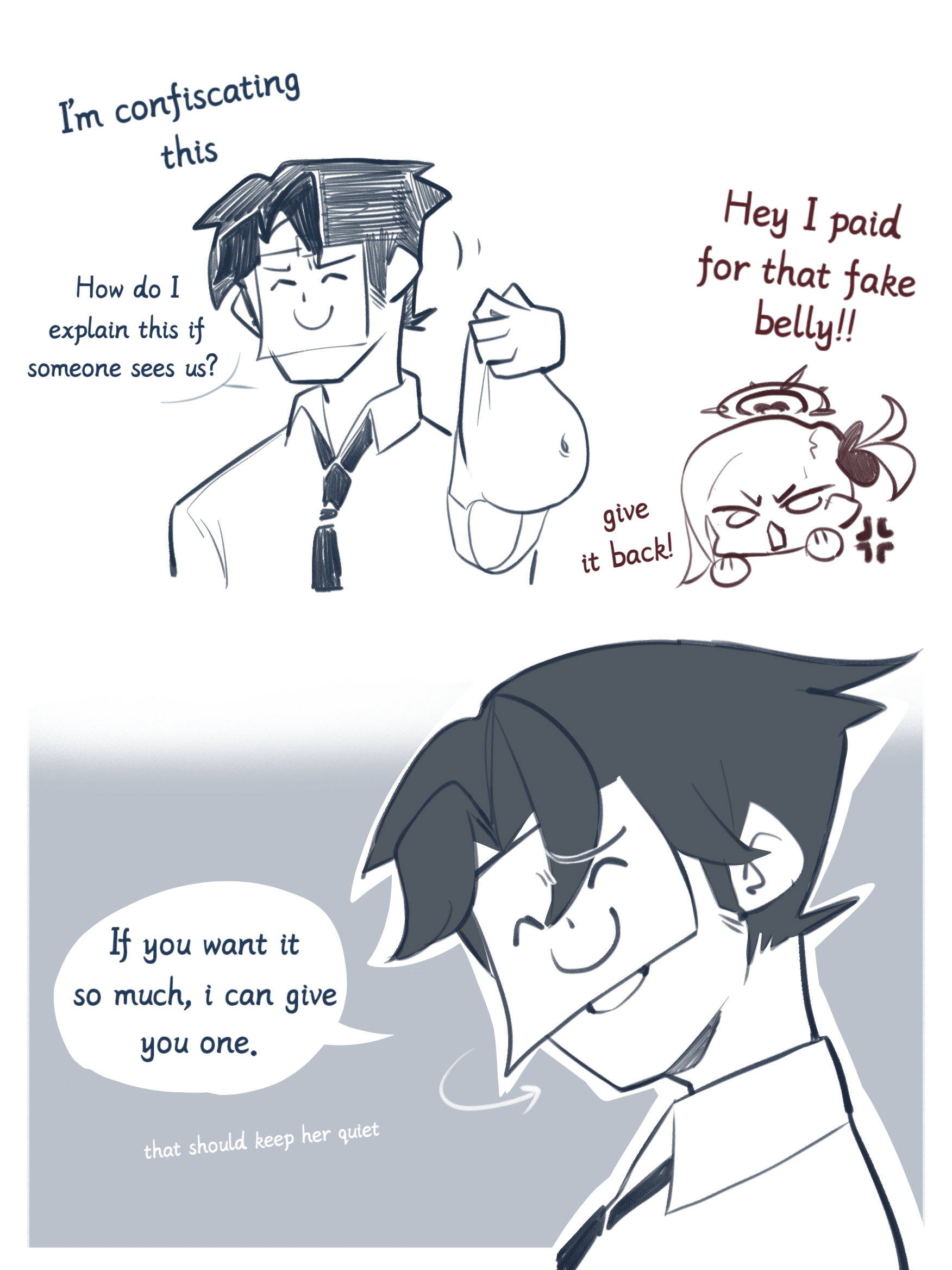 doodle sensei (blue archive), mutsuki (blue archive), sensei (blue archive), blue archive, highres, 1boy, 1girl, anger vein, english text, halo, necktie, notherage, open mouth, smile, v-shaped eyebrows