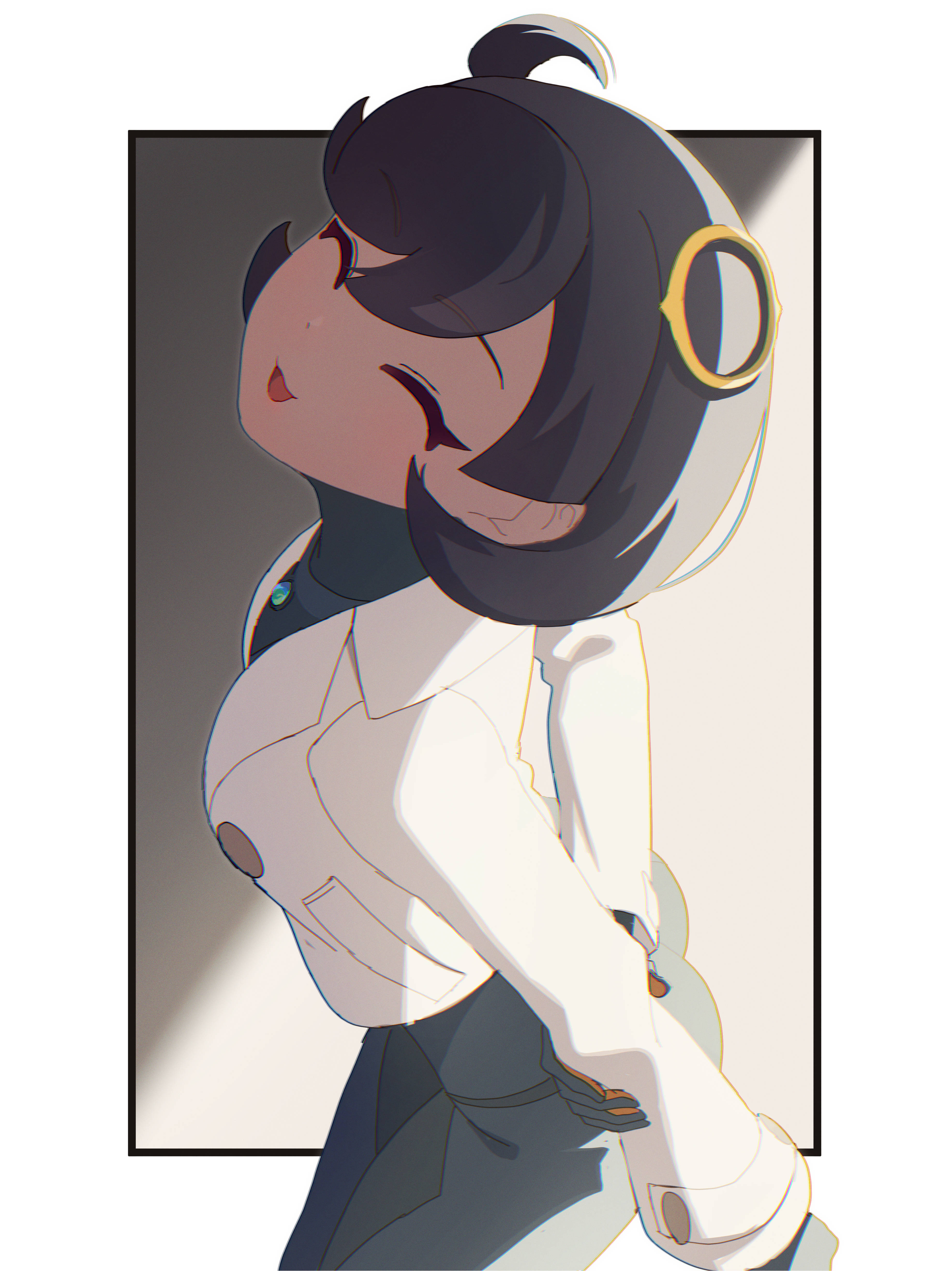 yanagino (yanagino3), emma (pokemon), nintendo, pokemon, pokemon legends: z-a, absurdres, commentary request, highres, 1girl, ^ ^, ass, black bodysuit, black gloves, black hair, bodysuit, closed eyes, coat, gloves, long sleeves, open mouth, short hair, smile, solo, two-tone background, white background, white coat