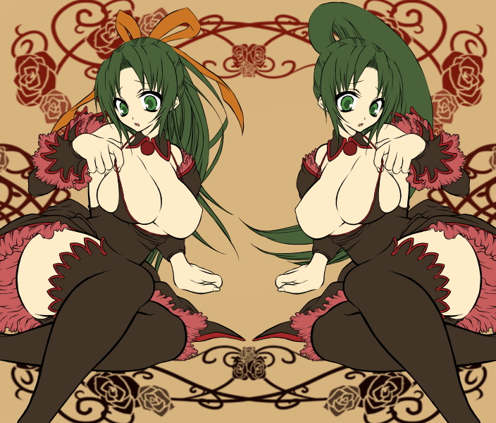 iwakura, sonozaki mion, sonozaki shion, higurashi no naku koro ni, 00s, 2girls, breasts, green eyes, green hair, half updo, large breasts, multiple girls, ponytail, ribbon, siblings, sisters, symmetry, thighhighs, twins