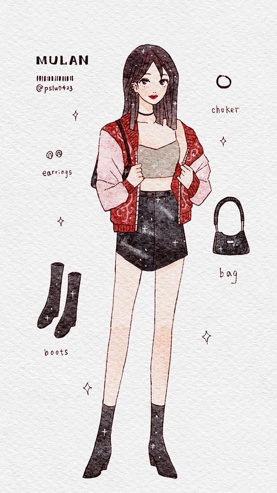 peilu (pslu0423), fa mulan (disney), mulan (movie), 1girl, alternate costume, animification, asian, black hair, brown eyes, choker, full body, looking at viewer, makeup, short hair, simple background, smile, solo