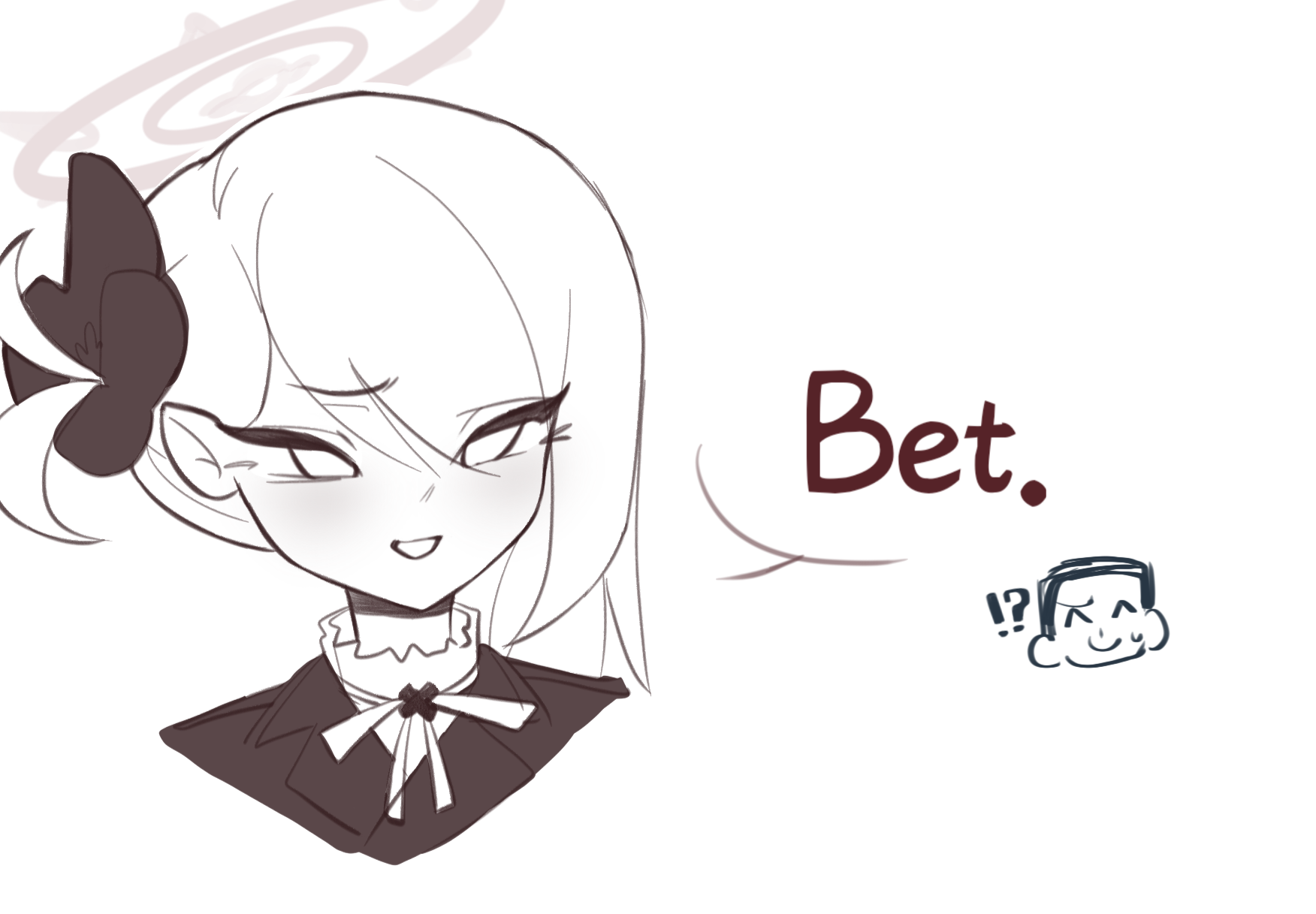 doodle sensei (blue archive), mutsuki (blue archive), sensei (blue archive), blue archive, highres, !?, 1boy, 1girl, ^ ^, closed eyes, english text, halo, notherage, open mouth