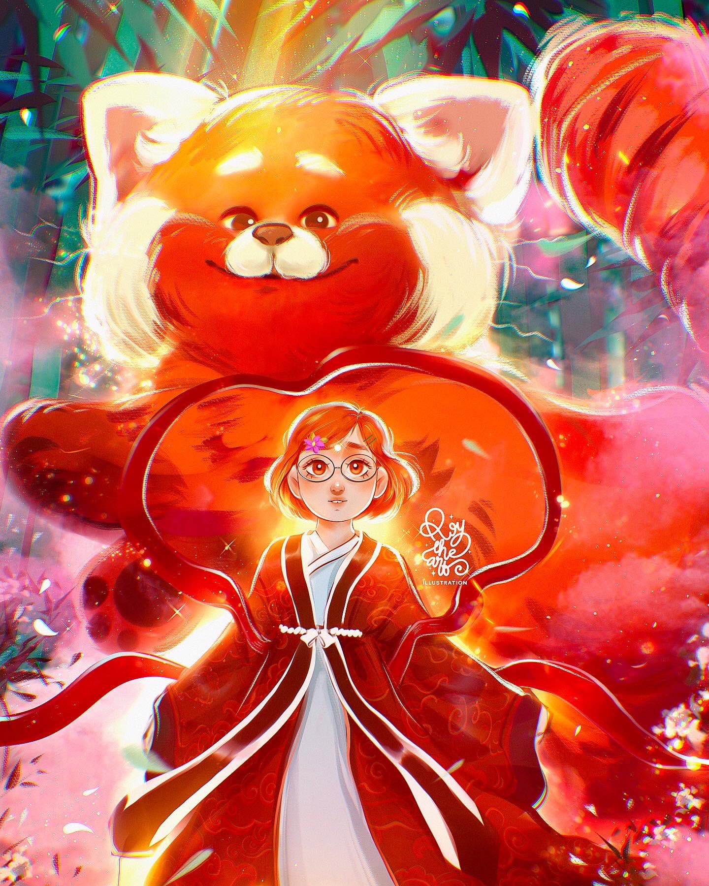 roytheart, meilin lee, meilin lee (red panda), turning red, highres, 1girl, animal ears, animification, brown eyes, earrings, glasses, japanese clothes, jewelry, looking at viewer, open mouth, panda tail, red hair, red panda, red panda ears, red panda girl, red panda tail, short hair