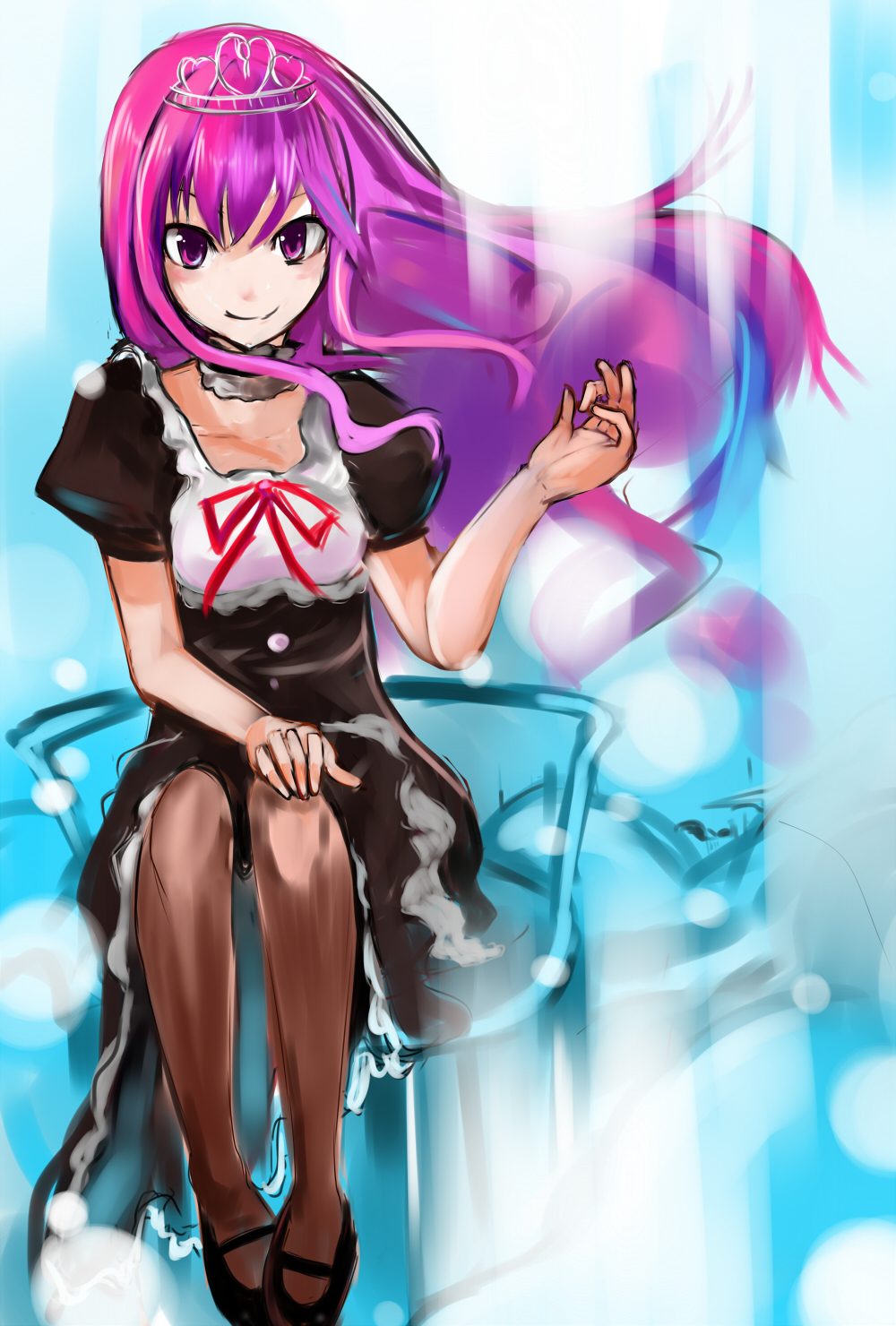 miko+resurrection, albatrosicks, highres, bow, crown, dress, frills, pantyhose, pink hair, ribbon, solo, tiara