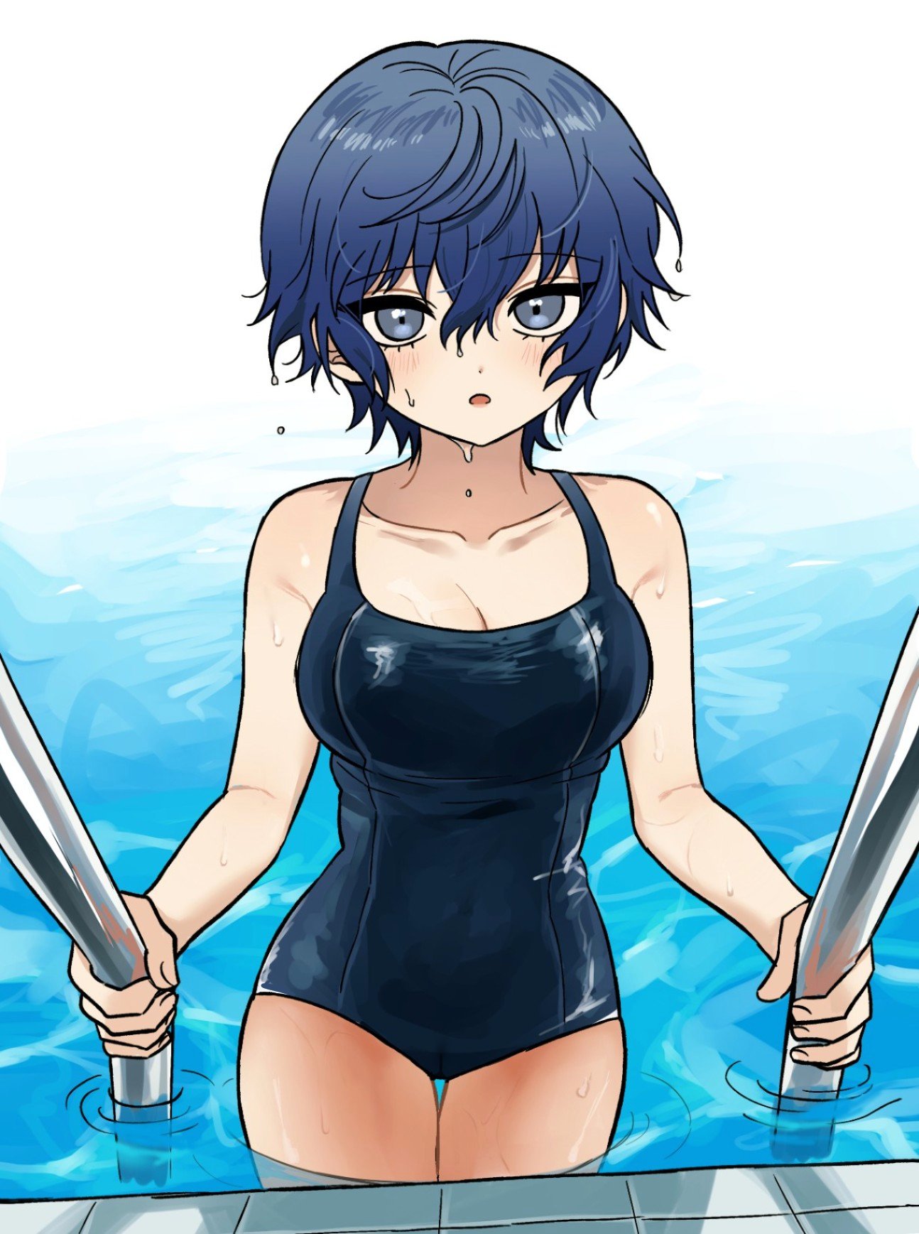 shiryoku kensa, shirogane naoto, persona, persona 4, commentary, highres, symbol-only commentary, 1girl, :o, bare shoulders, blue hair, blue one-piece swimsuit, blush, breasts, cleavage, collarbone, grey eyes, hair between eyes, large breasts, looking at viewer, one-piece swimsuit, open mouth, pool, pool ladder, school swimsuit, shadow, short hair, sidelocks, simple background, solo, standing, swimsuit, thigh gap, tomboy, water, wet, wet hair, white background