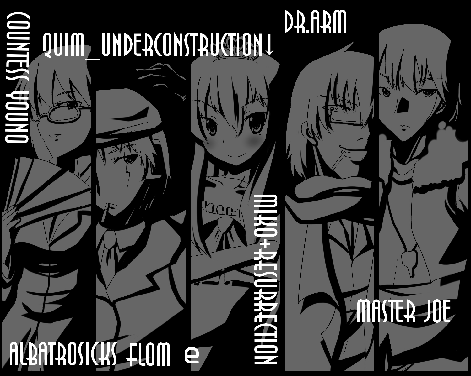 dr.arm, miko+resurrection, quim underconstruction, albatrosicks, highres, 2girls, 3boys, blush, choker, cigarette, crown, everyone, glasses, greyscale, hand fan, hat, long hair, monochrome, multiple boys, multiple girls, scarf, short hair