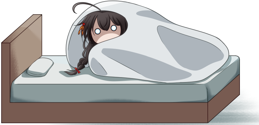 toms, shigure (kancolle), shigure kai san (kancolle), kantai collection, 1girl, ahoge, bed, bed sheet, black hair, braid, chibi, hair flaps, hair over shoulder, hiding, long hair, looking at viewer, o o, pillow, simple background, single braid, solo, white background