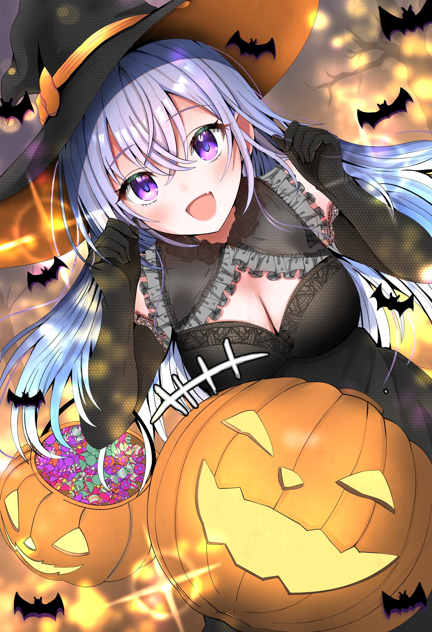 shingi (truth fakesingi), suzuki hana, idolmaster, idolmaster shiny colors, commentary, highres, 1girl, :d, bat (animal), black dress, black gloves, blue hair, blush, breasts, candy, cleavage, cleavage cutout, clothing cutout, crossed bangs, dress, elbow gloves, fang, food, gloves, hair between eyes, halloween, halloween costume, hat, jack-o'-lantern, large breasts, long hair, looking at viewer, open mouth, pumpkin, purple eyes, skin fang, smile, solo, witch hat