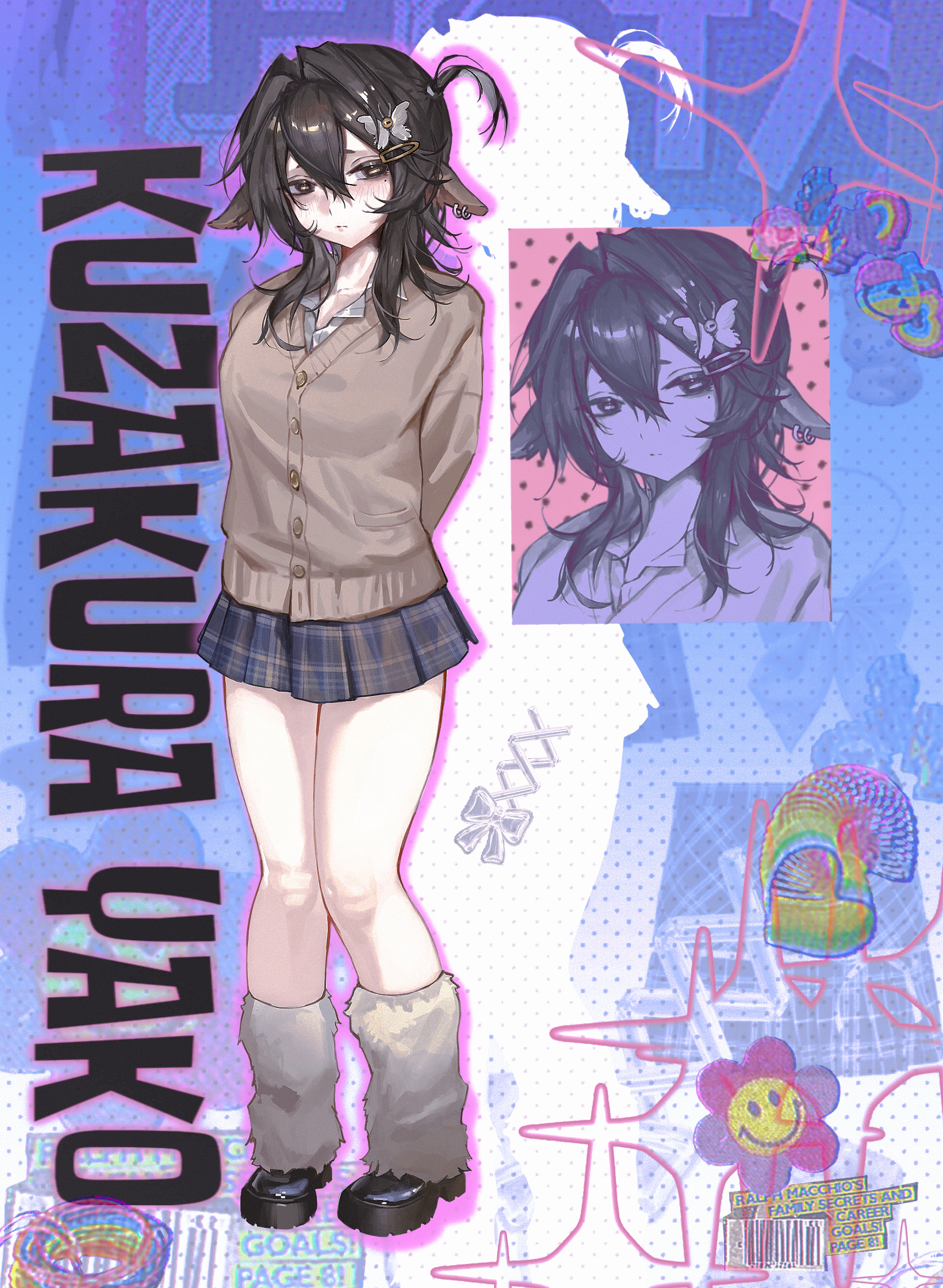 kirihara aki, original, absurdres, chinese commentary, commentary request, highres, 1girl, animal ear piercing, animal ears, arms behind back, black eyes, black hair, blue skirt, blush, brown skirt, brown sweater, butterfly hair ornament, character name, closed mouth, collared shirt, full body, goat ears, goat girl, gyaru, hair between eyes, hair ornament, hairclip, hooves, horizontal pupils, kuzakura yako (kirihara aki), legs, long hair, long sleeves, miniskirt, mole, mole under eye, multicolored skirt, multiple views, plaid clothes, plaid skirt, shirt, shirt under sweater, sidelocks, skirt, standing, sweater, tachi-e, thighs, two-tone skirt, white shirt, yellow pupils