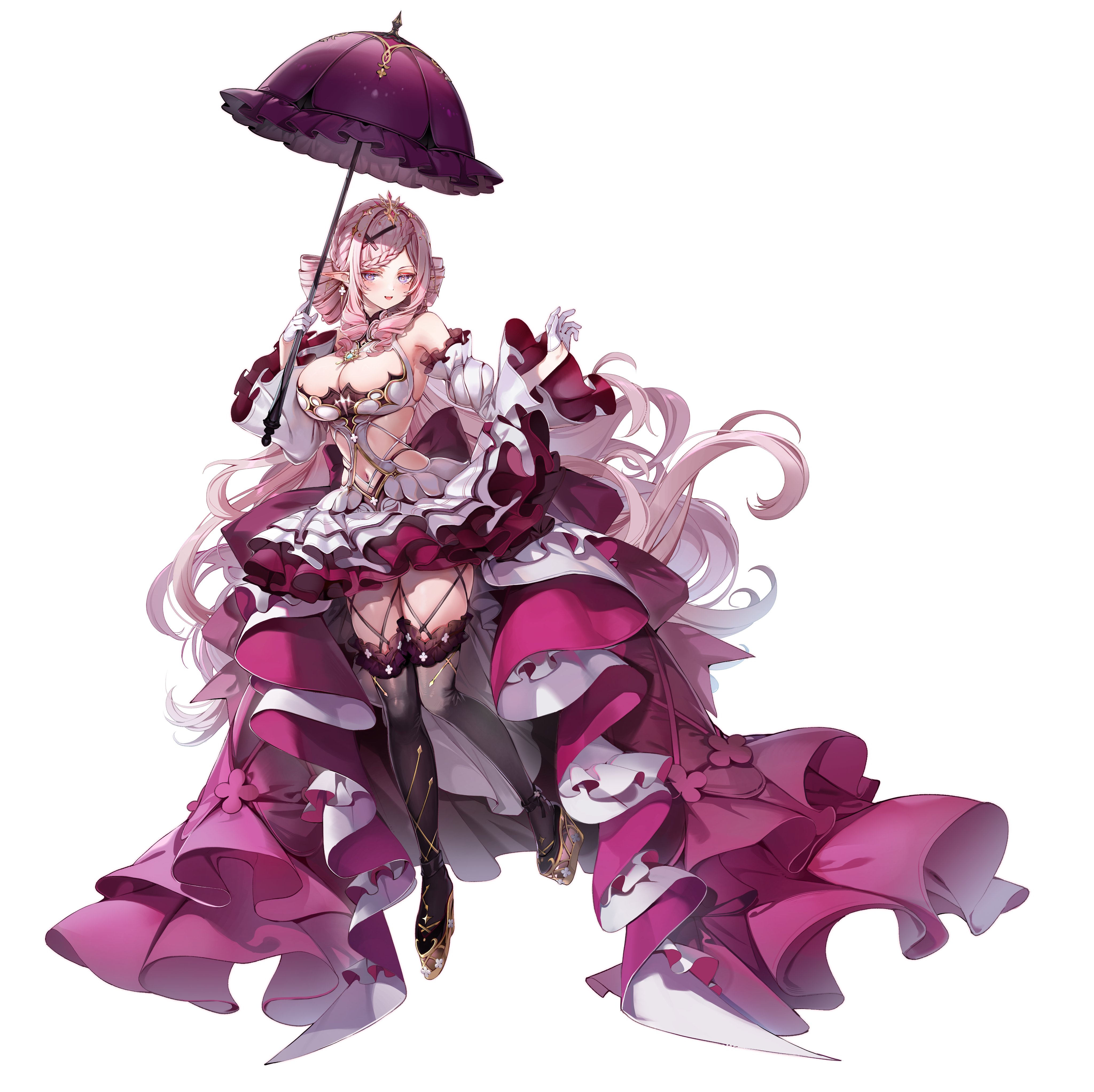 akizero1510, malice evermore, phase connect, absurdres, highres, official art, second-party source, 1girl, black thighhighs, braid, breasts, clothing cutout, dress, earrings, gloves, hair ornament, holding, holding umbrella, jewelry, large breasts, long hair, navel, navel cutout, open mouth, parasol, pink hair, platform shoes, pointy ears, smile, solo, thighhighs, umbrella, virtual youtuber, white background, white dress, white gloves