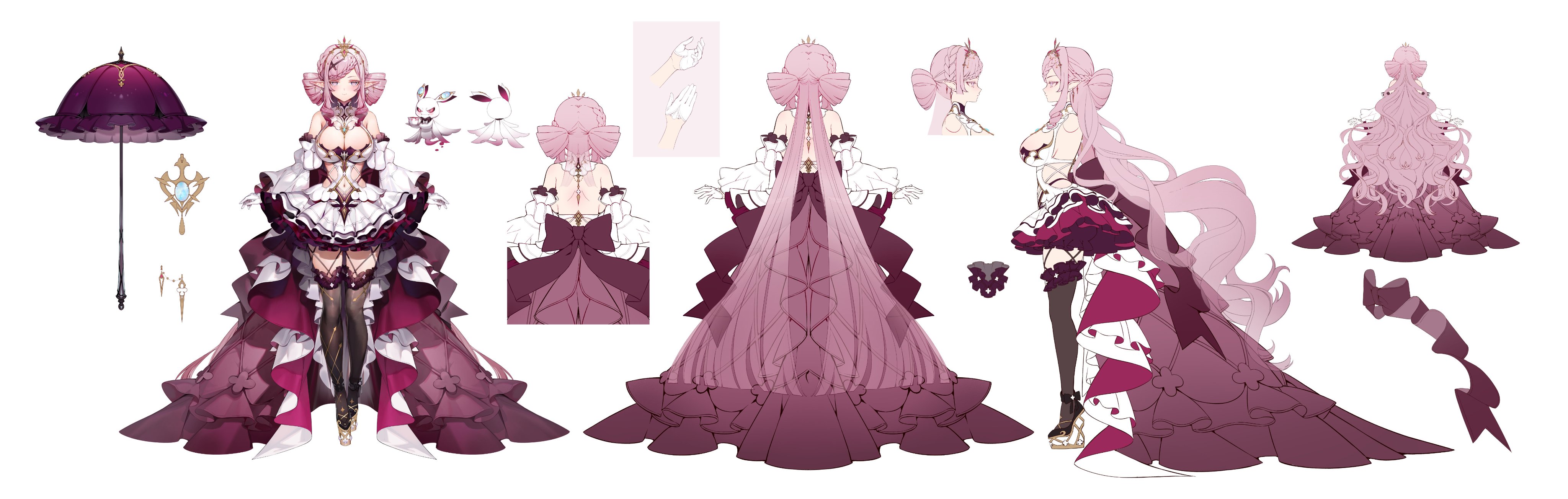 akizero1510, malice evermore, phase connect, absurdres, highres, official art, 1girl, back bow, black shoes, black thighhighs, bow, braid, breasts, cleavage, clothing cutout, dress, drill hair, gloves, hair ornament, large breasts, mimi evernight, multiple views, navel cutout, parasol, pink hair, platform shoes, pointy ears, shoes, showgirl skirt, thighhighs, umbrella, virtual youtuber, white dress, white gloves