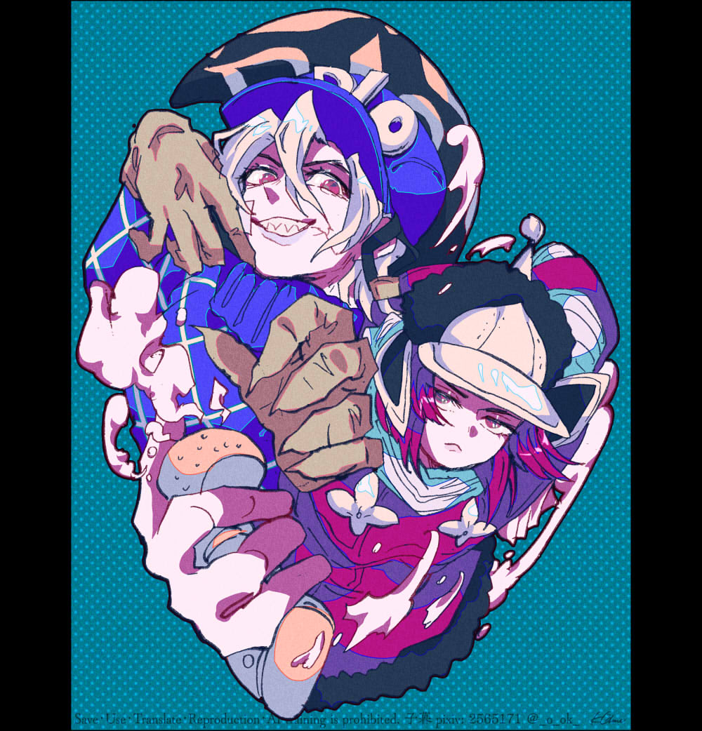 o ok, cream starter (stand), diego brando, hot pants (sbr), scary monsters (stand), jojo no kimyou na bouken, steel ball run, commentary, 1boy, 1girl, argyle clothes, argyle sweater, black fur, black hat, blue background, blue helmet, blue sweater, brown gloves, capelet, clawed gauntlets, closed mouth, dinosaur tail, dress, flower ornament, fur-trimmed dress, fur trim, gloves, grin, hair between eyes, hat, helmet, holding, long sleeves, looking at viewer, pink capelet, pink dress, pink eyes, pink hair, polka dot, polka dot background, sharp teeth, short hair, smile, stand (jojo), sweater, tail, teeth, turtleneck, turtleneck sweater, white hair