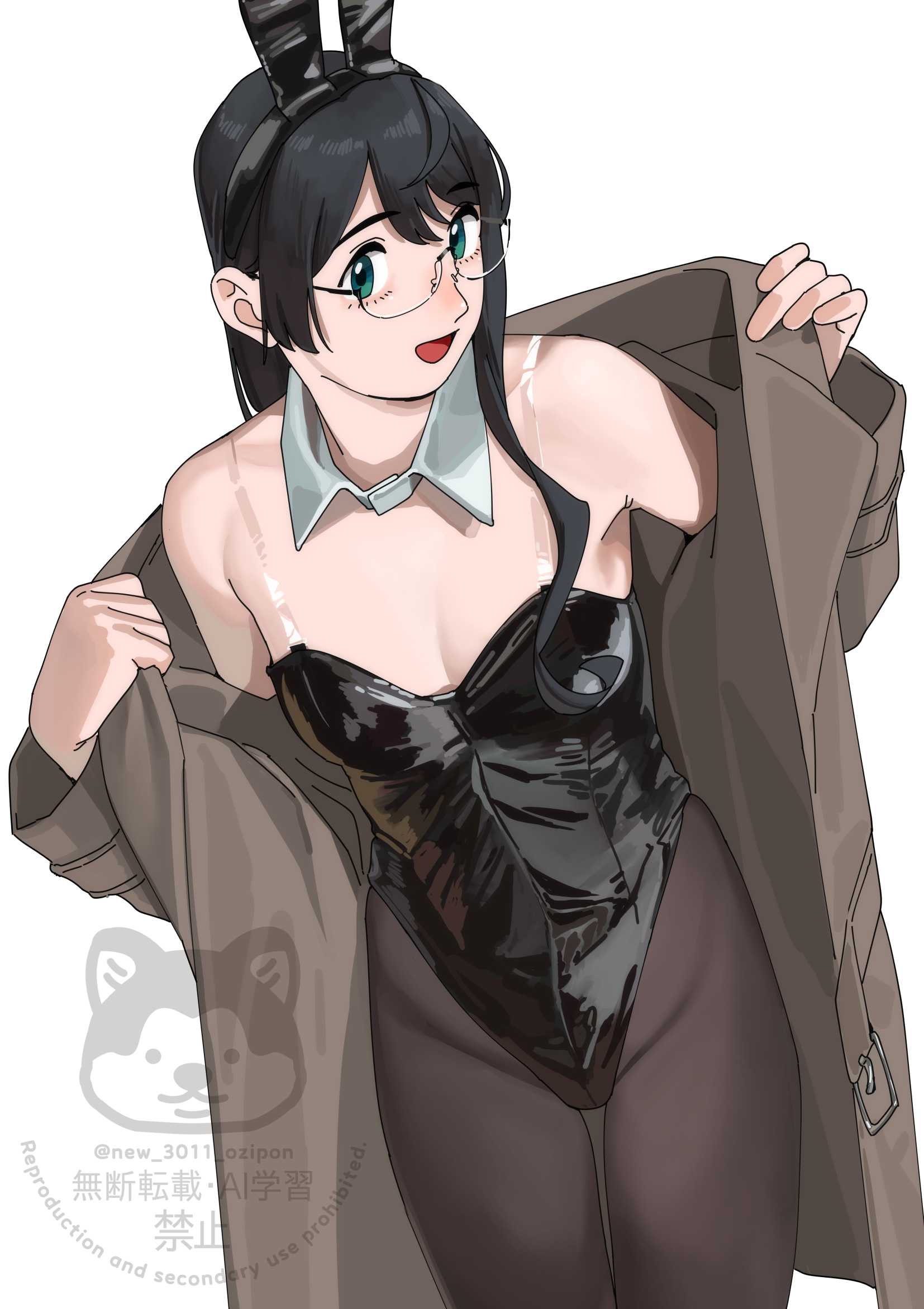 ojipon, ooyodo (kancolle), kantai collection, highres, 1girl, animal ear hairband, animal ears, black hair, black leotard, black pantyhose, breasts, coat, detached collar, fake animal ears, green eyes, hairband, leotard, long hair, open clothes, open coat, pantyhose, playboy bunny, rabbit ears, see-through strap, simple background, small breasts, smile, solo, strapless, strapless leotard, watermark, white background, wrist cuffs