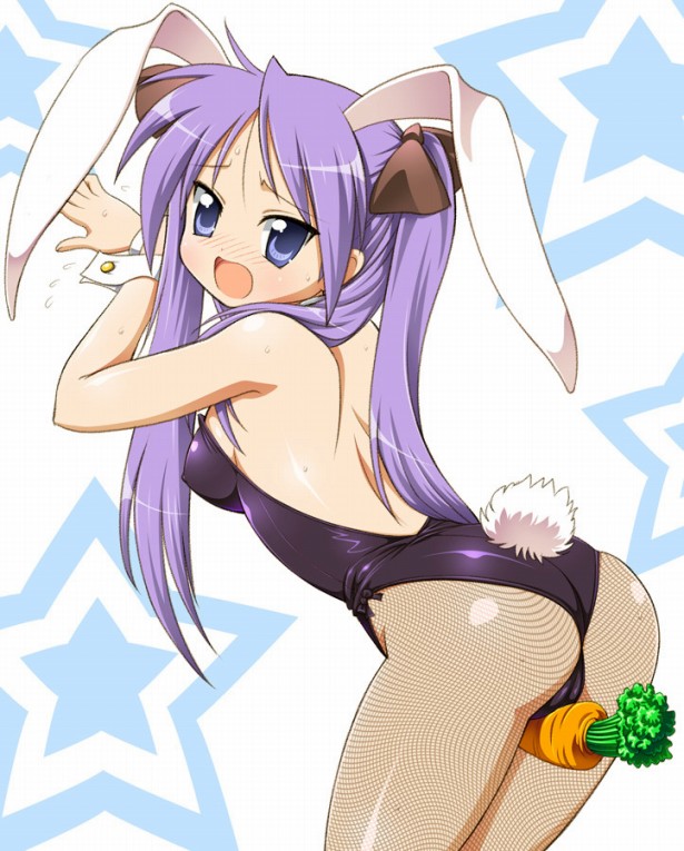 hiiragi kagami, lucky star, animal ears, ass, bent over, blue eyes, blush, carrot, from behind, long hair, open mouth, pantyhose, playboy bunny, purple hair, rabbit ears, rabbit tail, tail, twintails, wrist cuffs