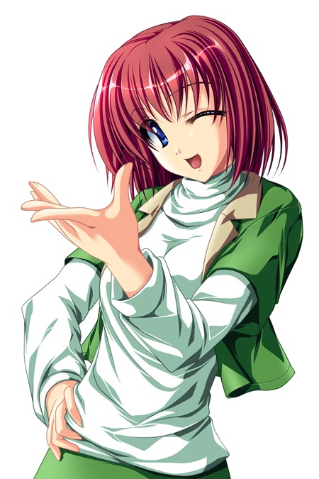 tenmaso, tagme, blue eyes, one eye closed, open mouth, red hair, short hair, solo, wink