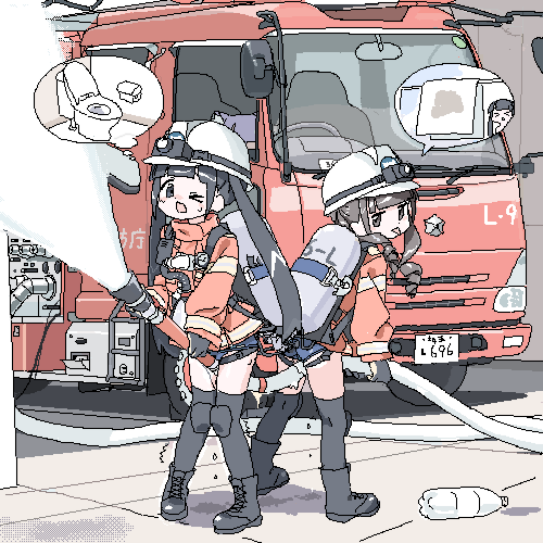 lokulo no mawashimono, original, lowres, > <, > o, 2girls, :p, back-to-back, between legs, black boots, black gloves, black hair, black thighhighs, blunt bangs, boots, bottle, brown hair, drill hair, drill sidelocks, dripping, fire truck, firefighter, firefighter helmet, firefighter jacket, gloves, grey eyes, have to pee, helmet, high-visibility clothing, high-visibility jacket, holding, holding hose, hose, hose nozzle, image in speech bubble, image in thought bubble, imagining, jacket, knee pads, knees together feet apart, lace-up boots, long hair, long sleeves, motor vehicle, multiple girls, nervous sweating, oekaki, one eye closed, open mouth, orange jacket, oxygen tank, pee stain, pigeon-toed, shorts, sidelocks, speech bubble, spraying, standing, sweat, thighhighs, thought bubble, toilet, toilet paper, tongue, tongue out, towel, truck, turning head, twintails, water, water bottle, white helmet