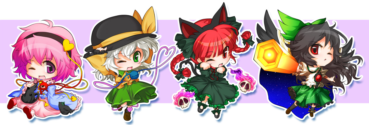 hong (white spider), kaenbyou rin, kaenbyou rin (cat), komeiji koishi, komeiji satori, reiuji utsuho, reiuji utsuho (bird), touhou, silver hair, bad id, bad pixiv id, 4girls, animal ears, black hair, braid, cat ears, cat girl, cat tail, chibi, female focus, green eyes, hair ribbon, hairband, hat, heart, heart of string, long hair, multiple girls, one eye closed, paw pose, purple eyes, purple hair, red eyes, red hair, ribbon, short hair, tail, twin braids, twintails, wings, wink