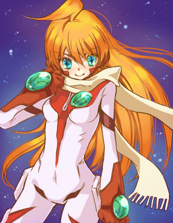 mitsubachi koucha, buster machine 7, nono (top wo nerae 2!), top wo nerae! (series), top wo nerae 2!, bad id, bad pixiv id, lowres, + +, 00s, 1girl, ahoge, bodysuit, cross-shaped pupils, long hair, orange hair, scarf, smile, solo, symbol-shaped pupils