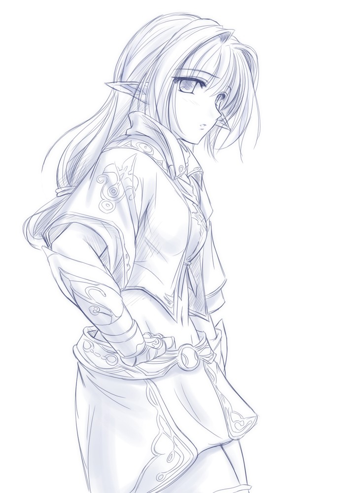 tenmaso, elf (lineage 2), lineage, lineage 2, 1girl, blue theme, elf, female focus, long hair, monochrome, pointy ears, solo