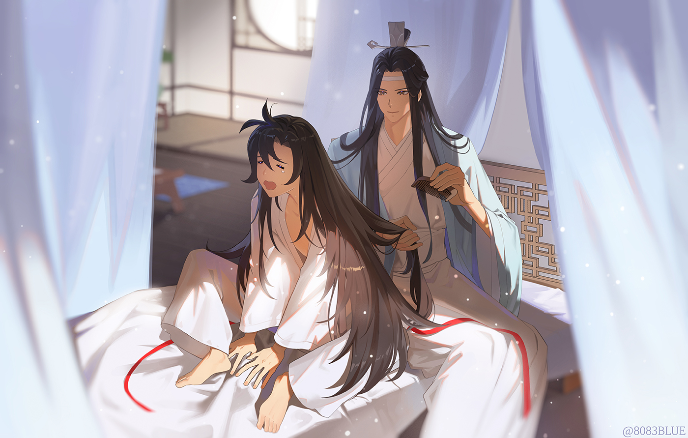 8083 blue, lan wangji, wei wuxian, modao zushi, commentary, 2boys, black hair, brushing another's hair, brushing hair, chinese clothes, closed eyes, feet out of frame, hanfu, indoors, lattice, long hair, lying, male focus, multiple boys, on back, open mouth, sleepy, smile, tears, very long hair, wide sleeves