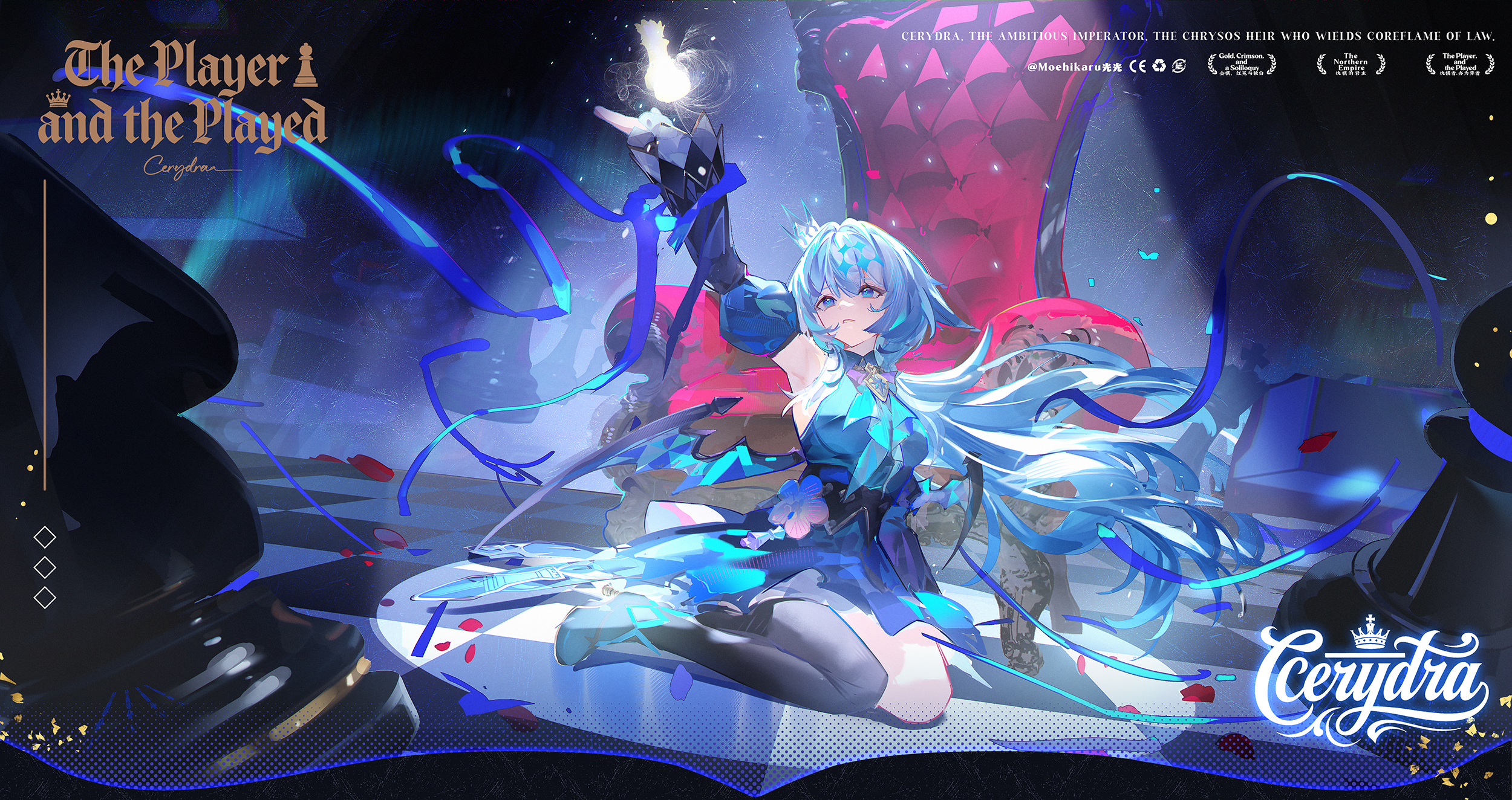 moehikaru, cerydra (honkai: star rail), honkai: star rail, honkai (series), chinese commentary, commentary request, highres, mixed-language commentary, 1girl, arm up, artist name, ascot, asymmetrical legwear, black boots, black corset, blue ascot, blue dress, blue eyes, blue hair, blue ribbon, boots, brooch, character name, checkered floor, chess piece, corset, crown, demon wings, detached sleeves, dress, english text, hair between eyes, high heel boots, high heels, jewelry, long hair, long sleeves, looking up, mini crown, parted lips, petals, puffy detached sleeves, puffy sleeves, ribbon, single thigh boot, sitting, sleeveless, sleeveless dress, solo, spotlight, thigh boots, throne, wings