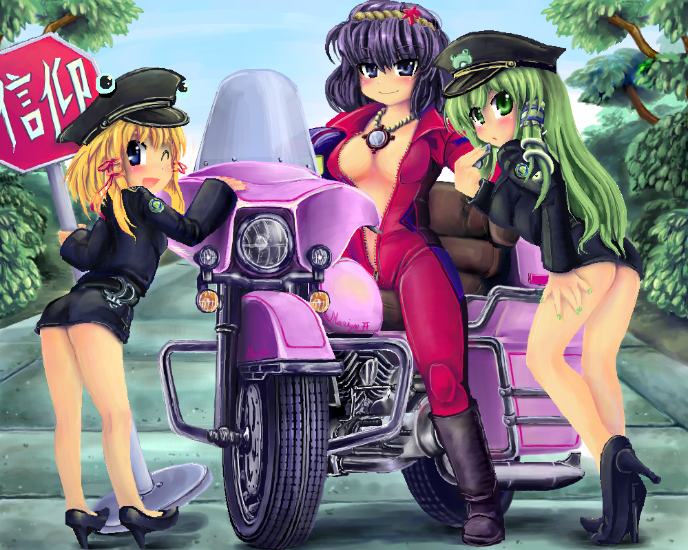 okiraku nikku, kochiya sanae, moriya suwako, yasaka kanako, touhou, vehicle, 3girls, ;d, ass, blonde hair, blue eyes, bodysuit, boots, breasts, center opening, cleavage, cuffs, female focus, frog, green eyes, green hair, green nails, hair ribbon, hair tubes, handcuffs, hat, high heels, leaning forward, motor vehicle, motorcycle, multiple girls, nail polish, no panties, oekaki, one eye closed, open mouth, pink nails, police, purple eyes, purple hair, revealing clothes, ribbon, road sign, shoes, sign, small breasts, smile, snake, unzipped, whistle, wink