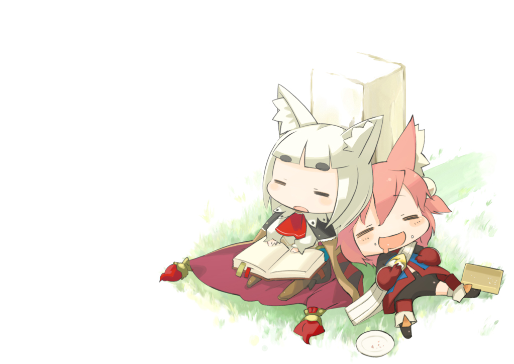 u (the unko), fighter (7th dragon), harukara (7th dragon), ikurakun (7th dragon), mage (7th dragon), 7th dragon, 7th dragon (series), 2girls, = =, animal ears, blush, book, chibi, lying, multiple girls, saliva, sitting, sleeping