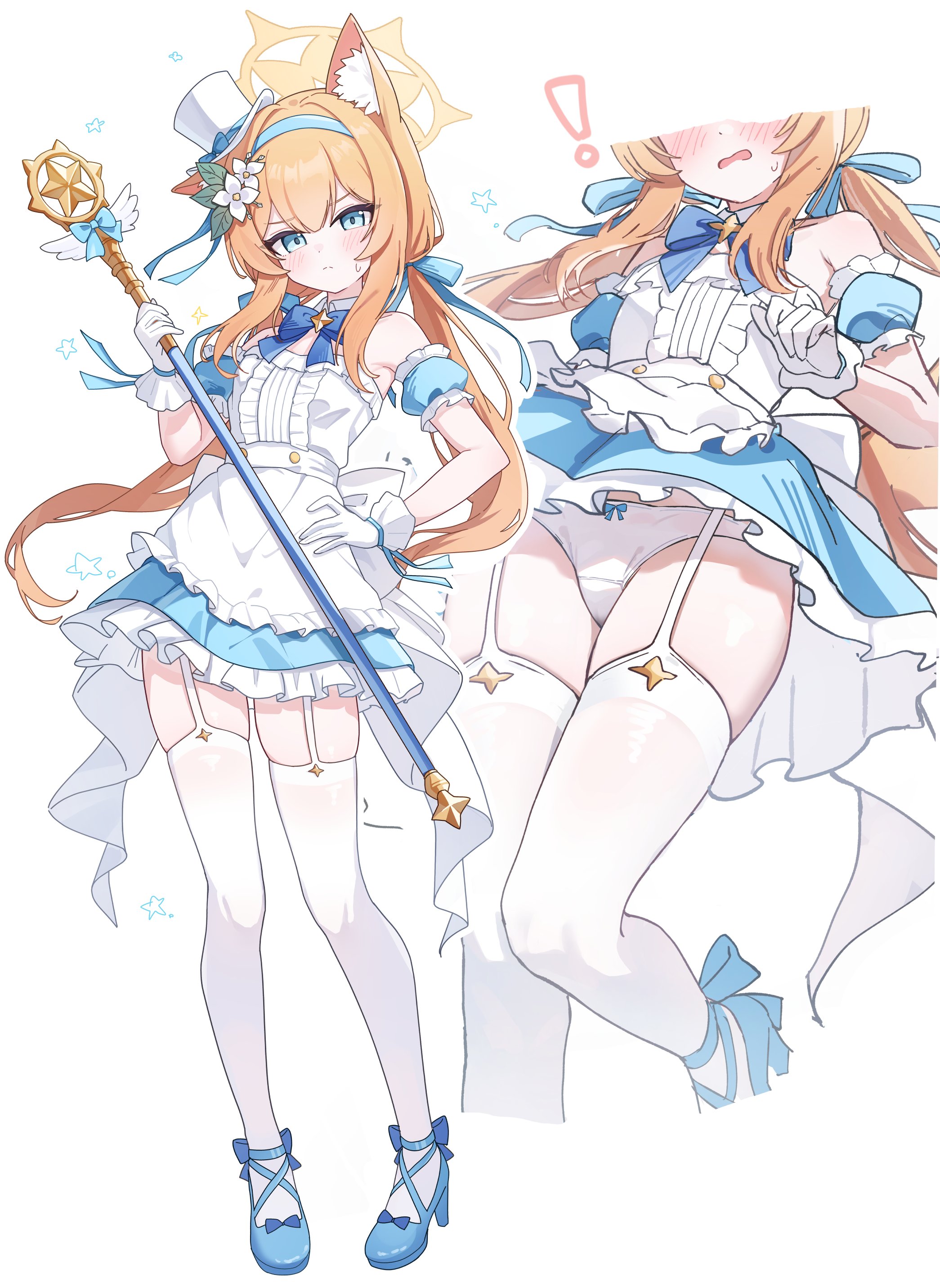 nonddu, mari (blue archive), blue archive, absurdres, commentary, highres, symbol-only commentary, !, >:(, 1girl, alternate costume, alternate hairstyle, arm scrunchie, bare shoulders, blue bow, blue bowtie, blue dress, blue eyes, blue headband, blue ribbon, blue shoes, blush, bow, bowtie, center frills, closed mouth, collar, detached collar, detached sleeves, dress, embarrassed, floating hair, flower, footwear bow, frilled dress, frilled sleeves, frills, frown, full body, furrowed brow, garter straps, gloves, hair bow, hair flower, hair ornament, halo, hand on own hip, hand up, hat, headband, high heels, holding, holding staff, long hair, looking at viewer, low twintails, magical girl, mini hat, mini top hat, multiple views, orange hair, panties, panty peek, parted lips, ribbon, shoes, short sleeves, simple background, skindentation, split mouth, staff, standing, star (symbol), sweatdrop, tachi-e, thigh strap, thighhighs, top hat, twintails, two-tone dress, underwear, v-shaped eyebrows, very long hair, white background, white collar, white dress, white flower, white gloves, white hat, white panties, white ribbon, white thighhighs, yellow halo, zettai ryouiki