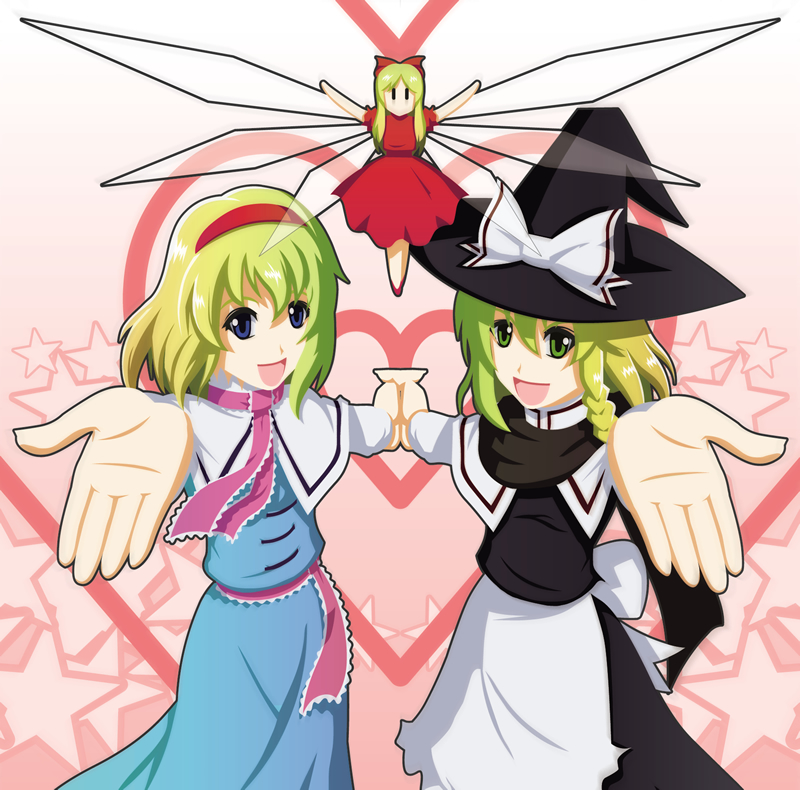 kagi, alice margatroid, hourai doll, kirisame marisa, iosys, perfect cherry blossom, touhou, 2girls, blonde hair, blue eyes, dress, female focus, foreshortening, green eyes, hat, multiple girls, parody, pink theme, scarf, witch, witch hat