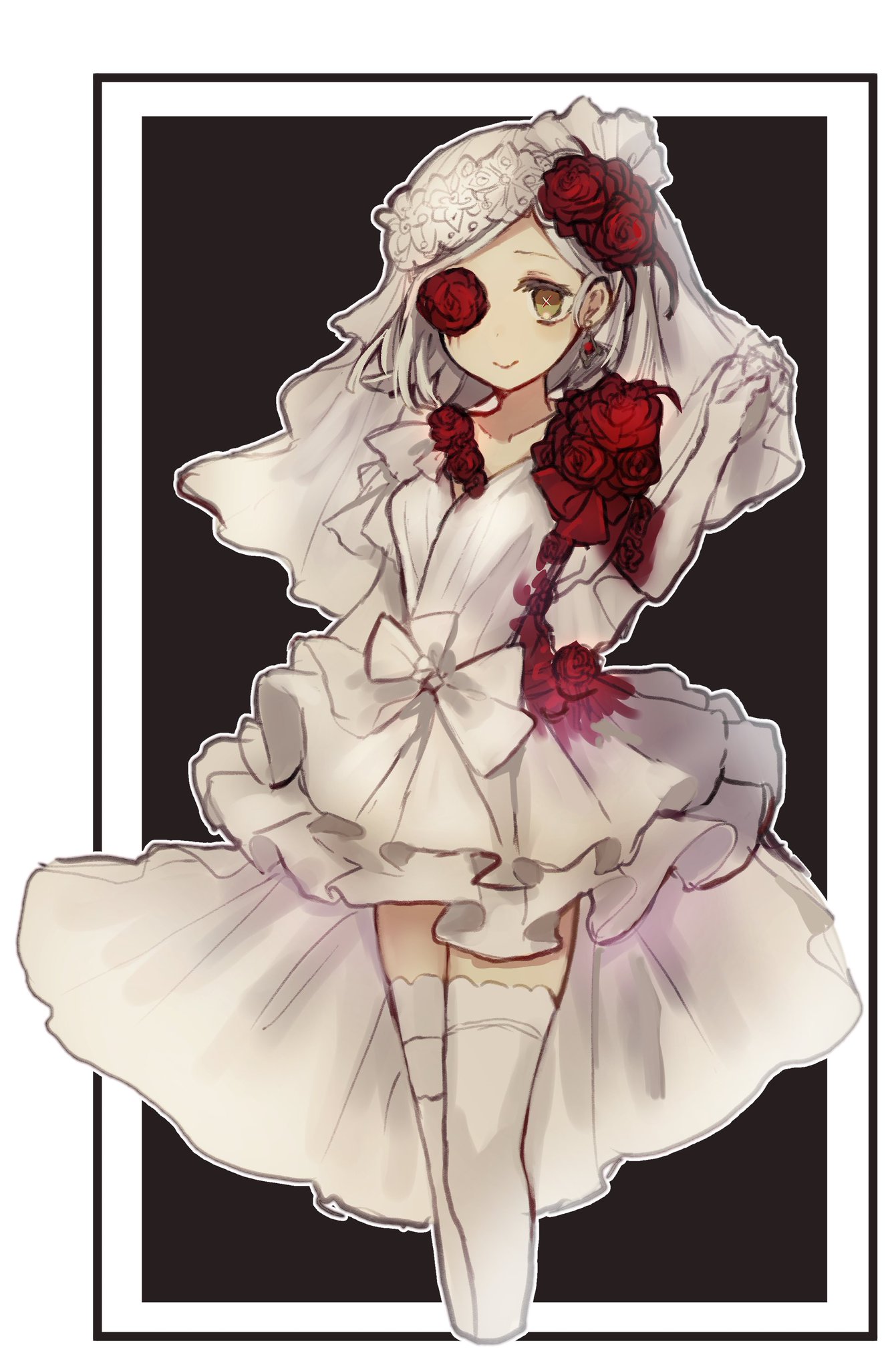 merry-san, vera nair, vera nair (crimson bride), identity v, highres, 1girl, bob cut, bow, bridal veil, bride, c:, cropped legs, cross-shaped pupils, dress, earrings, feet out of frame, flower, flower over eye, frilled dress, frills, gloves, jewelry, looking at viewer, official alternate costume, red flower, red rose, rose, smile, solo, symbol-shaped pupils, thighhighs, veil, white bow, white dress, white gloves, white hair, white thighhighs, yellow eyes