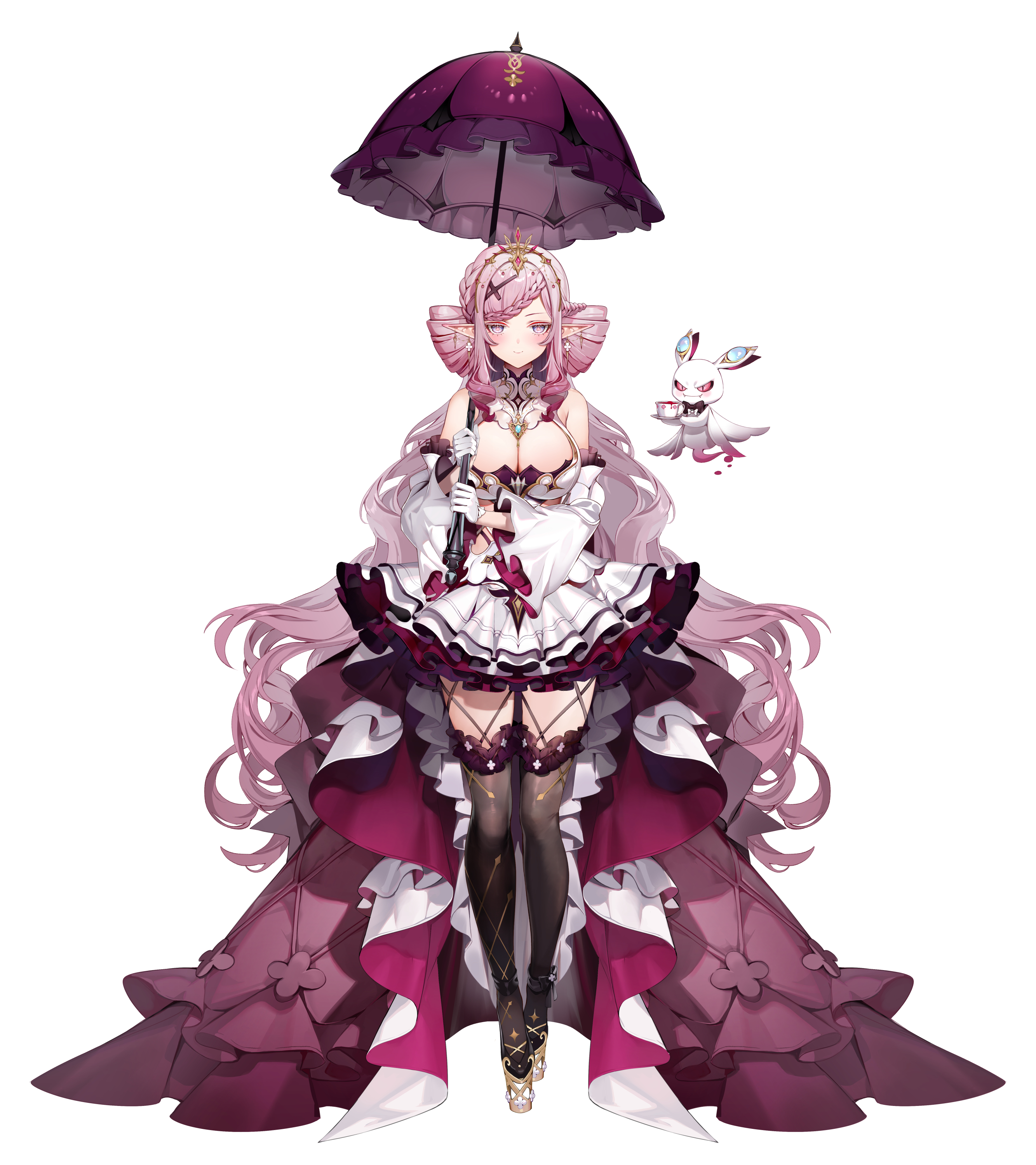 akizero1510, malice evermore, phase connect, absurdres, highres, official art, second-party source, 1girl, black bow, black bowtie, black shoes, black thighhighs, bow, bowtie, braid, breasts, closed mouth, cup, dress, drill hair, earrings, fangs, gloves, gold tiara, hair ornament, holding, holding umbrella, jewelry, large breasts, long hair, mimi evernight, parasol, pink hair, platform shoes, pointy ears, shoes, showgirl skirt, smile, teacup, thighhighs, umbrella, virtual youtuber, white background, white dress, white gloves