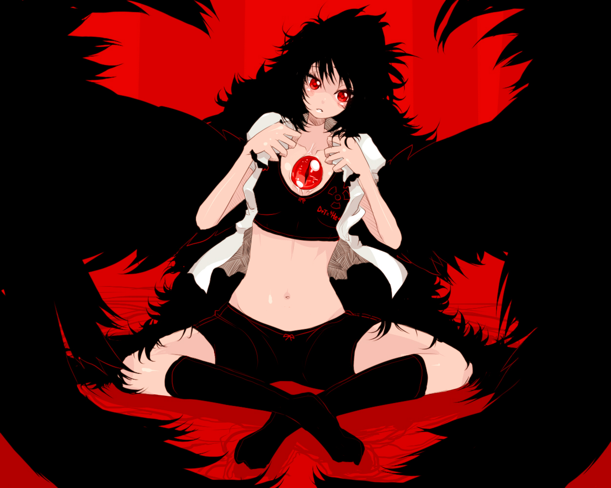 oso (toolate), reiuji utsuho, touhou, 1girl, bike shorts, black hair, female focus, full body, lingerie, long hair, messy hair, midriff, navel, open clothes, open shirt, red eyes, shirt, socks, solo, tank top, underwear, very long hair, wings