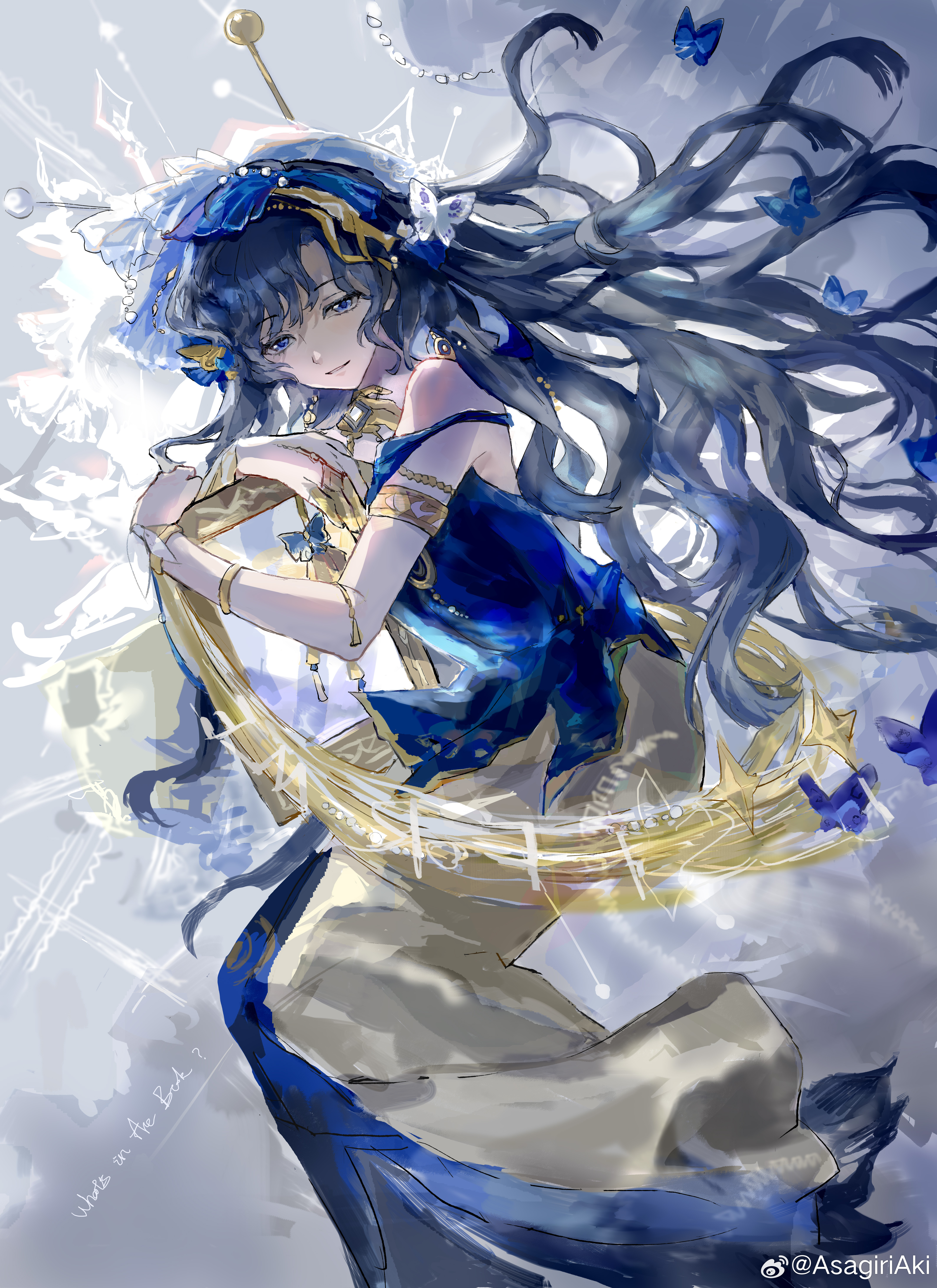 isolde (reverse:1999), reverse:1999, absurdres, highres, 1girl, armlet, asagiriaki, bare shoulders, black hair, blue dress, blue veil, closed mouth, dress, evening gown, feet out of frame, floating hair, grey background, hair ornament, hand up, jewelry, long dress, looking at viewer, official alternate costume, purple eyes, sleeveless, sleeveless dress, smile, solo, two-tone dress, veil, watermark, wavy hair, weibo watermark, white dress