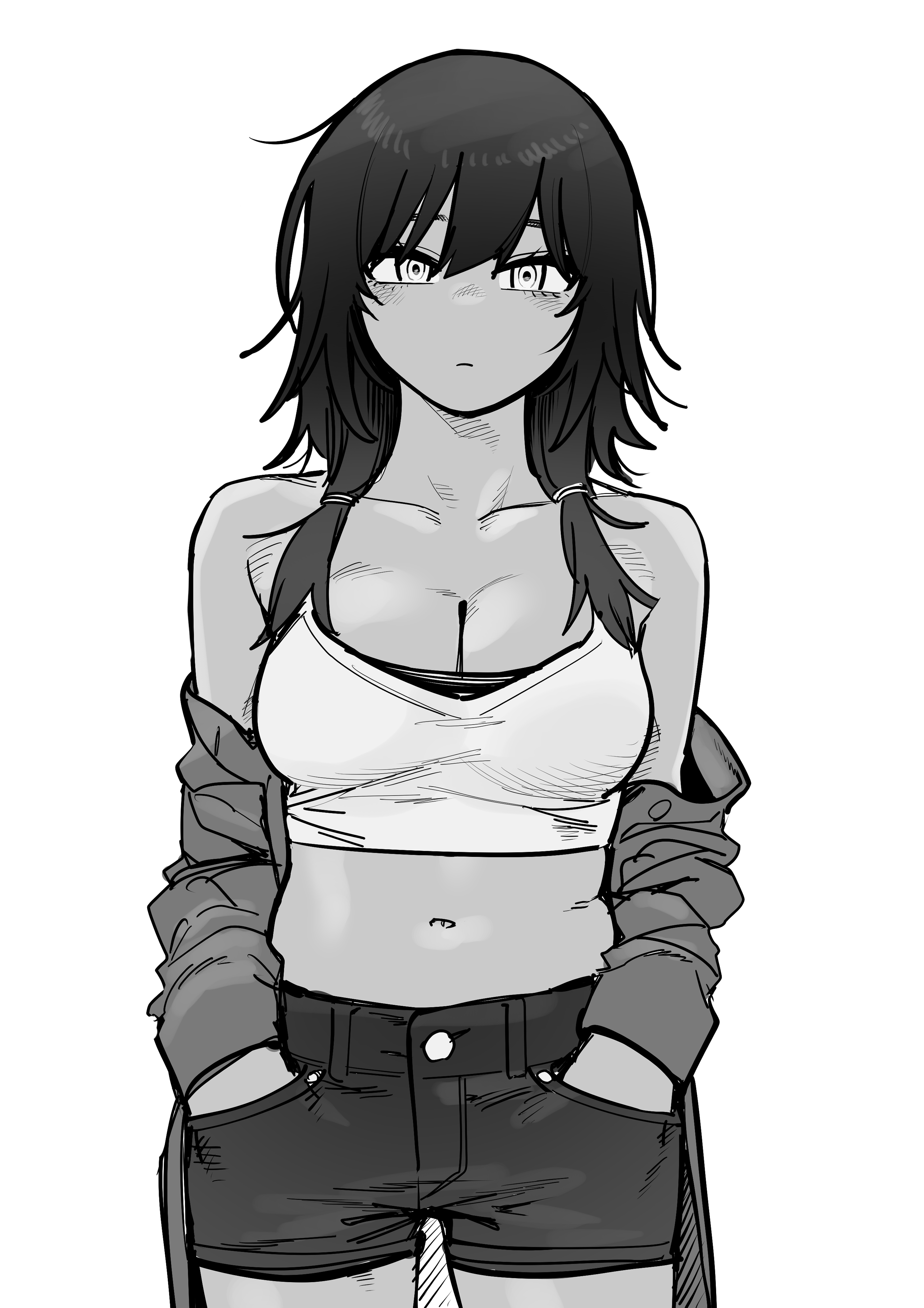 kanke (kank06020602), original, absurdres, commentary request, highres, 1girl, bare shoulders, breasts, cleavage, closed mouth, clothes down, collarbone, crop top, greyscale, hands in pockets, jacket, looking at viewer, medium breasts, medium hair, midriff, monochrome, navel, open clothes, open jacket, short shorts, shorts, simple background, solo, white background