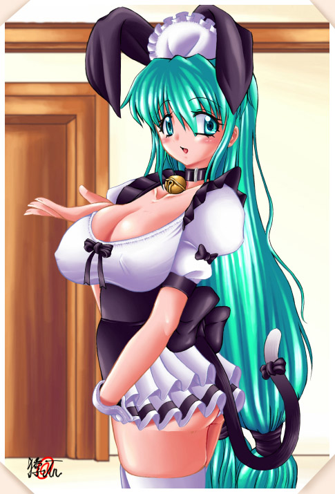 white legwear, animal ears, aqua eyes, aqua hair, bell, breasts, collar, covered erect nipples, large breasts, long hair, maid, maid headdress, neck bell, tail, thighhighs, very long hair